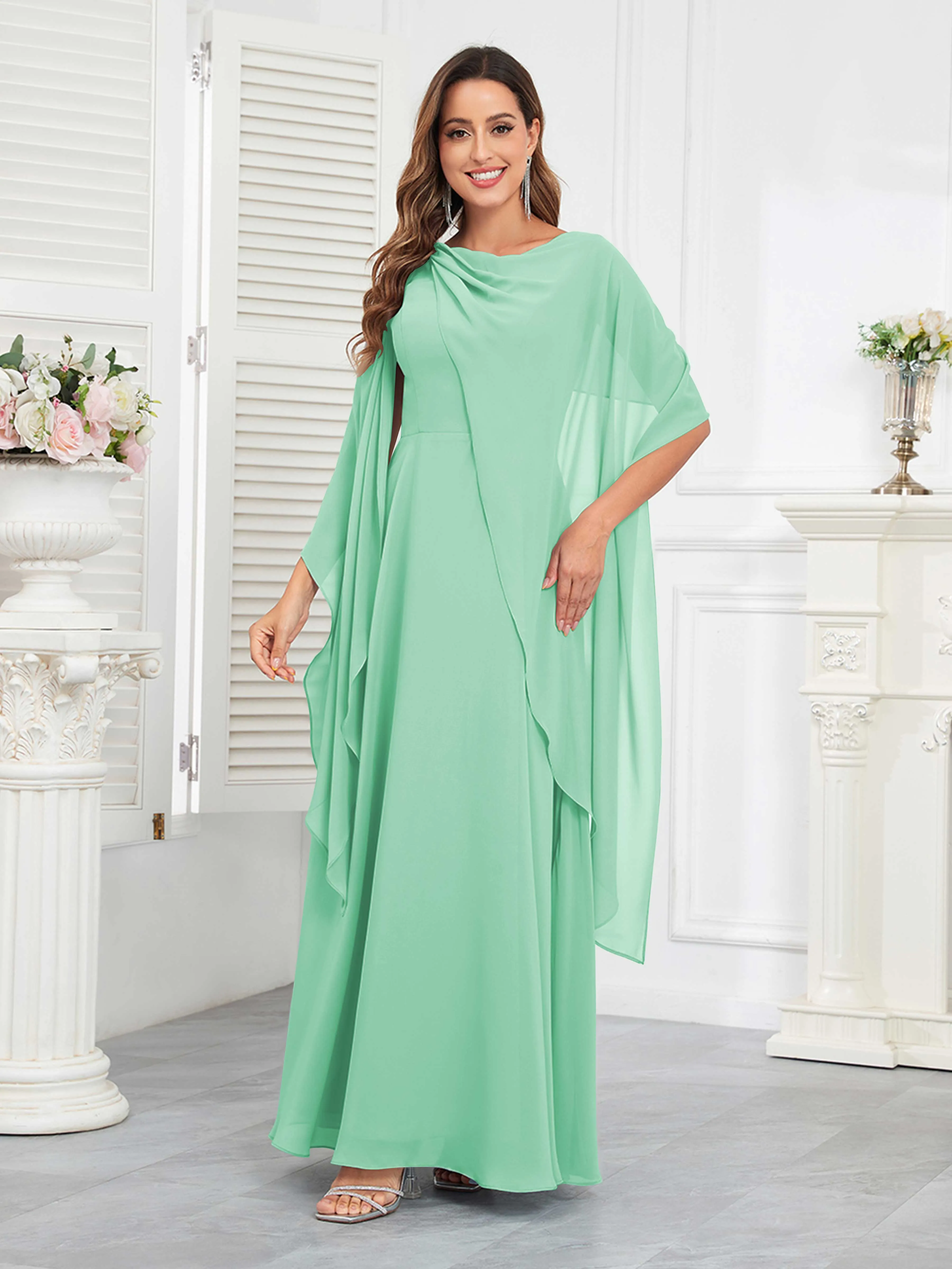 Kennedi Modest A-Line Scoop Cape Sleeves Long Chiffon Mother of the Bride & Groom Dresses