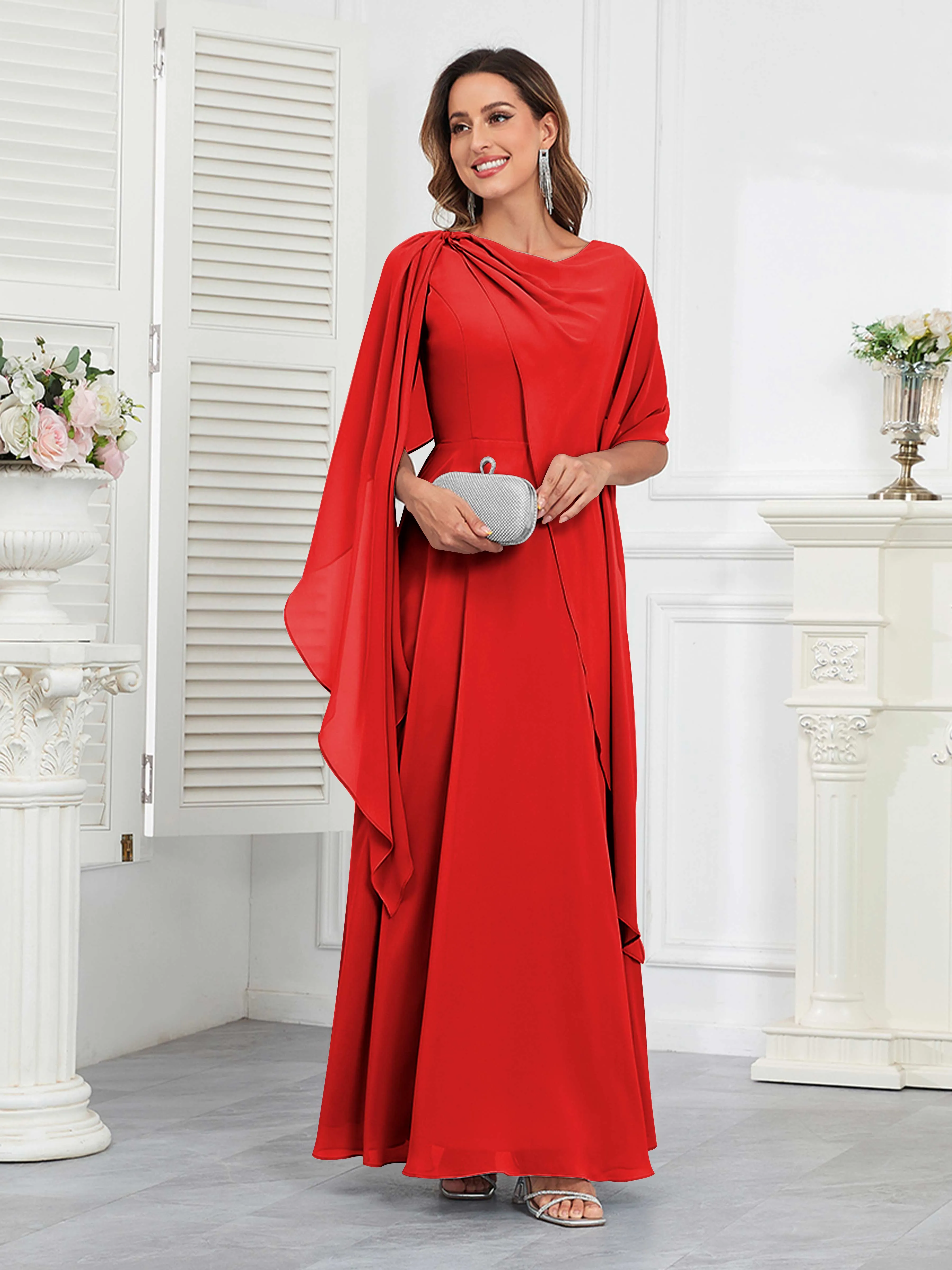 Kennedi Modest A-Line Scoop Cape Sleeves Long Chiffon Mother of the Bride & Groom Dresses