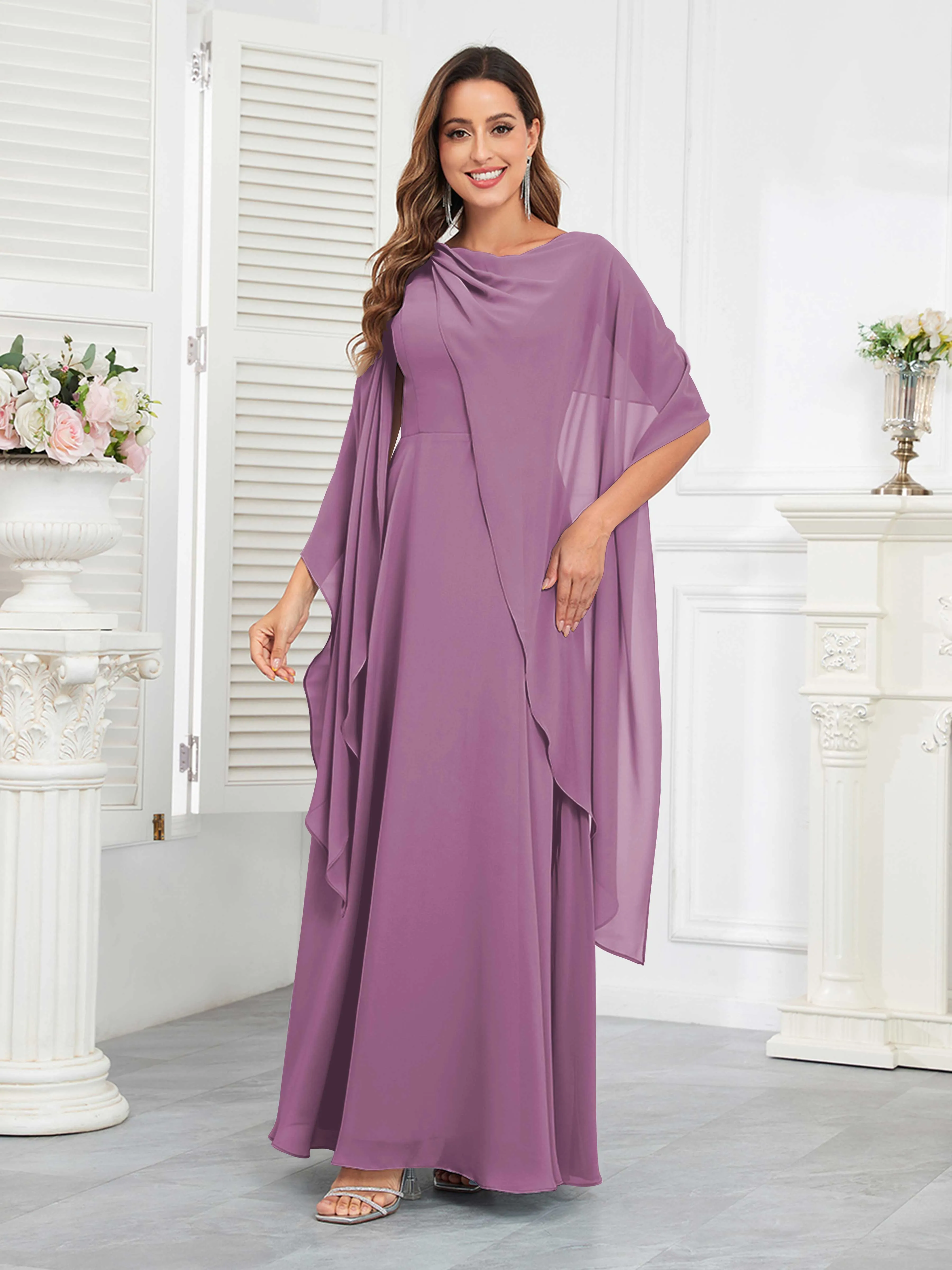 Kennedi Modest A-Line Scoop Cape Sleeves Long Chiffon Mother of the Bride & Groom Dresses