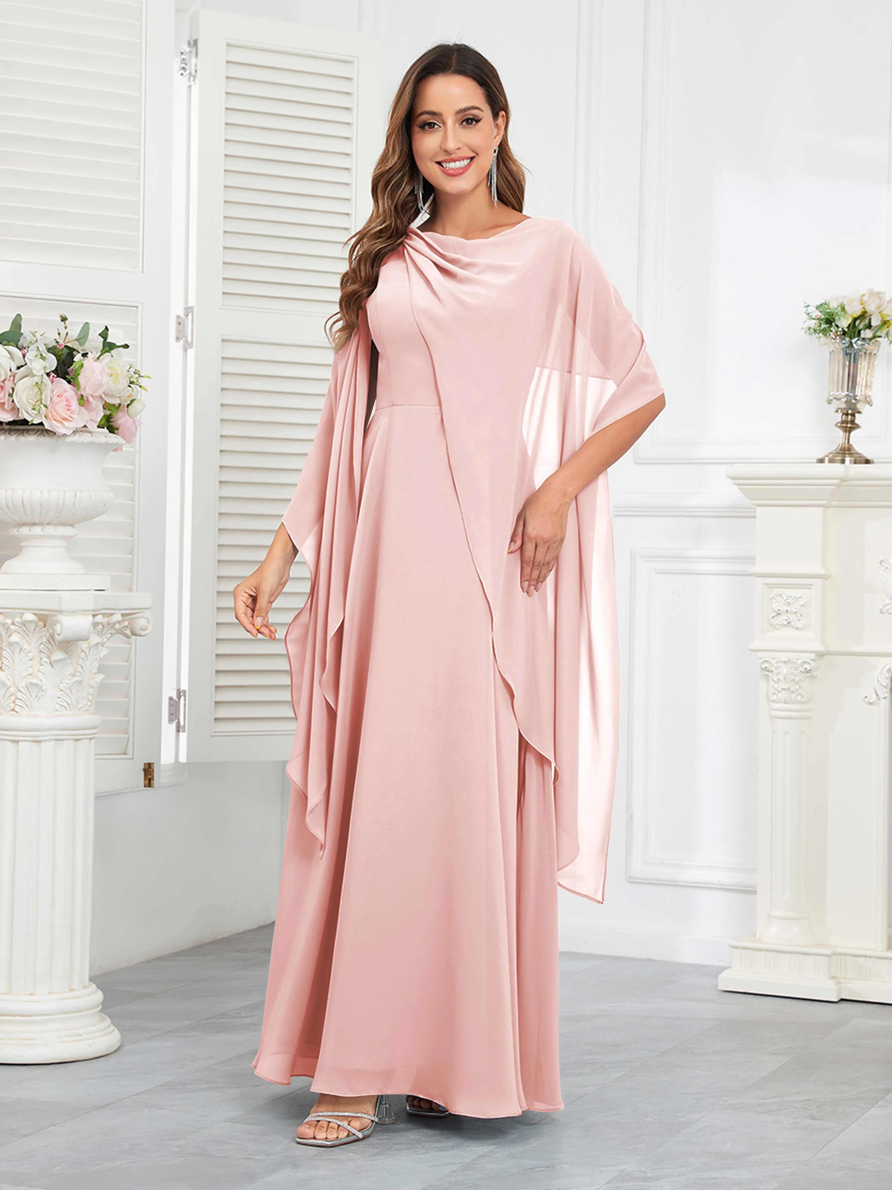 Kennedi Modest A-Line Scoop Cape Sleeves Long Chiffon Mother of the Bride & Groom Dresses