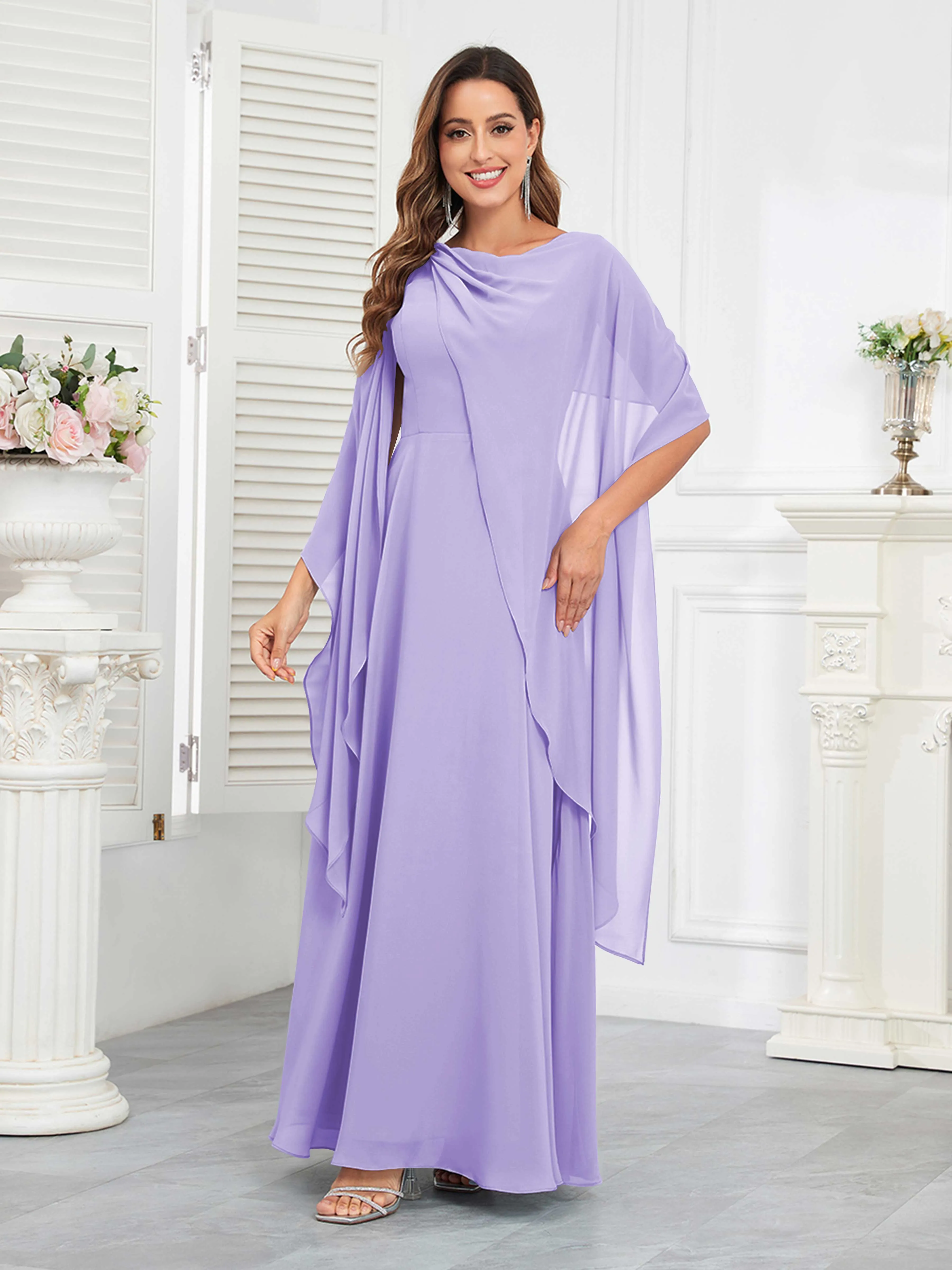Kennedi Modest A-Line Scoop Cape Sleeves Long Chiffon Mother of the Bride & Groom Dresses