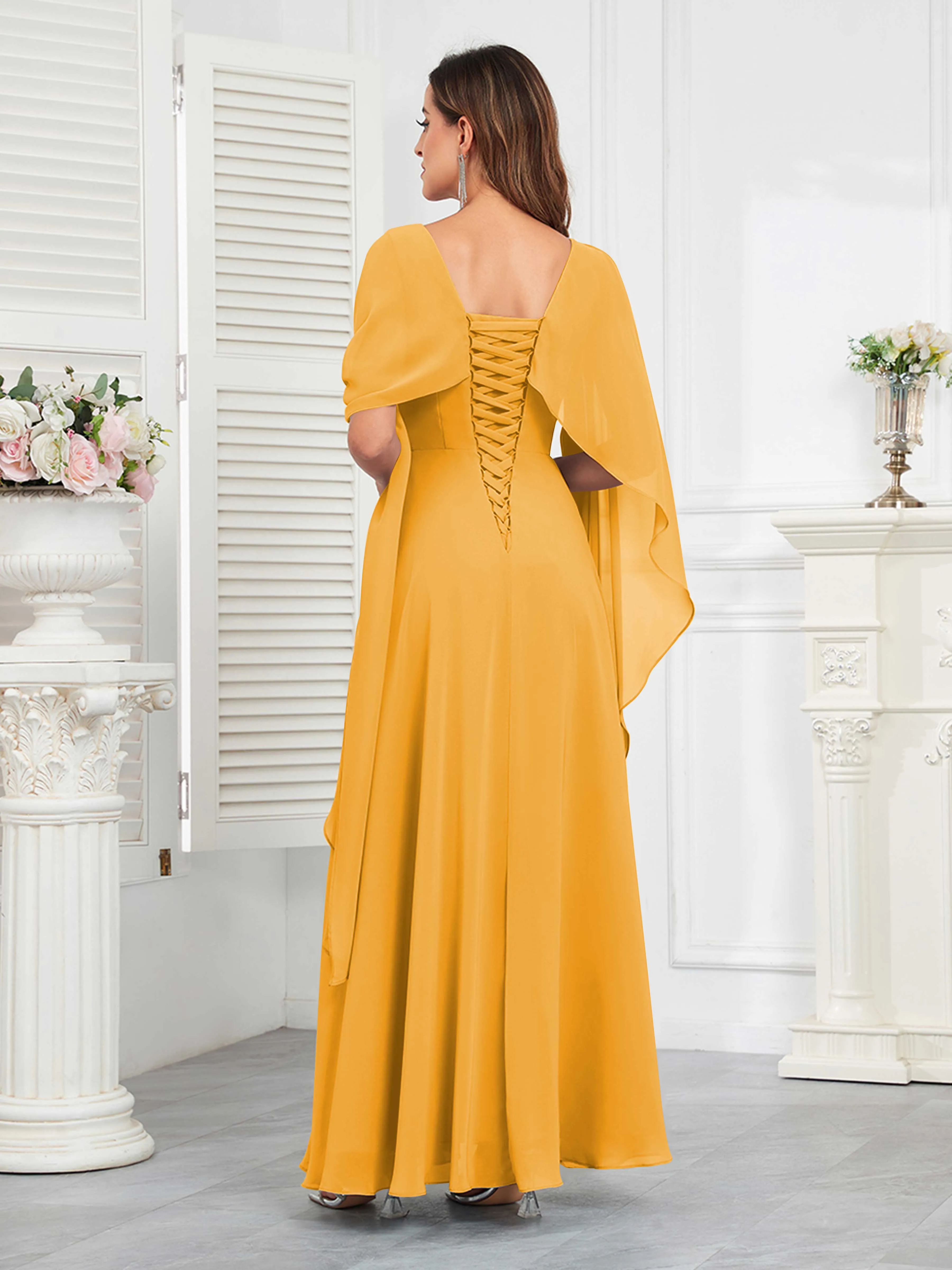Kennedi Modest A-Line Scoop Cape Sleeves Long Chiffon Mother of the Bride & Groom Dresses