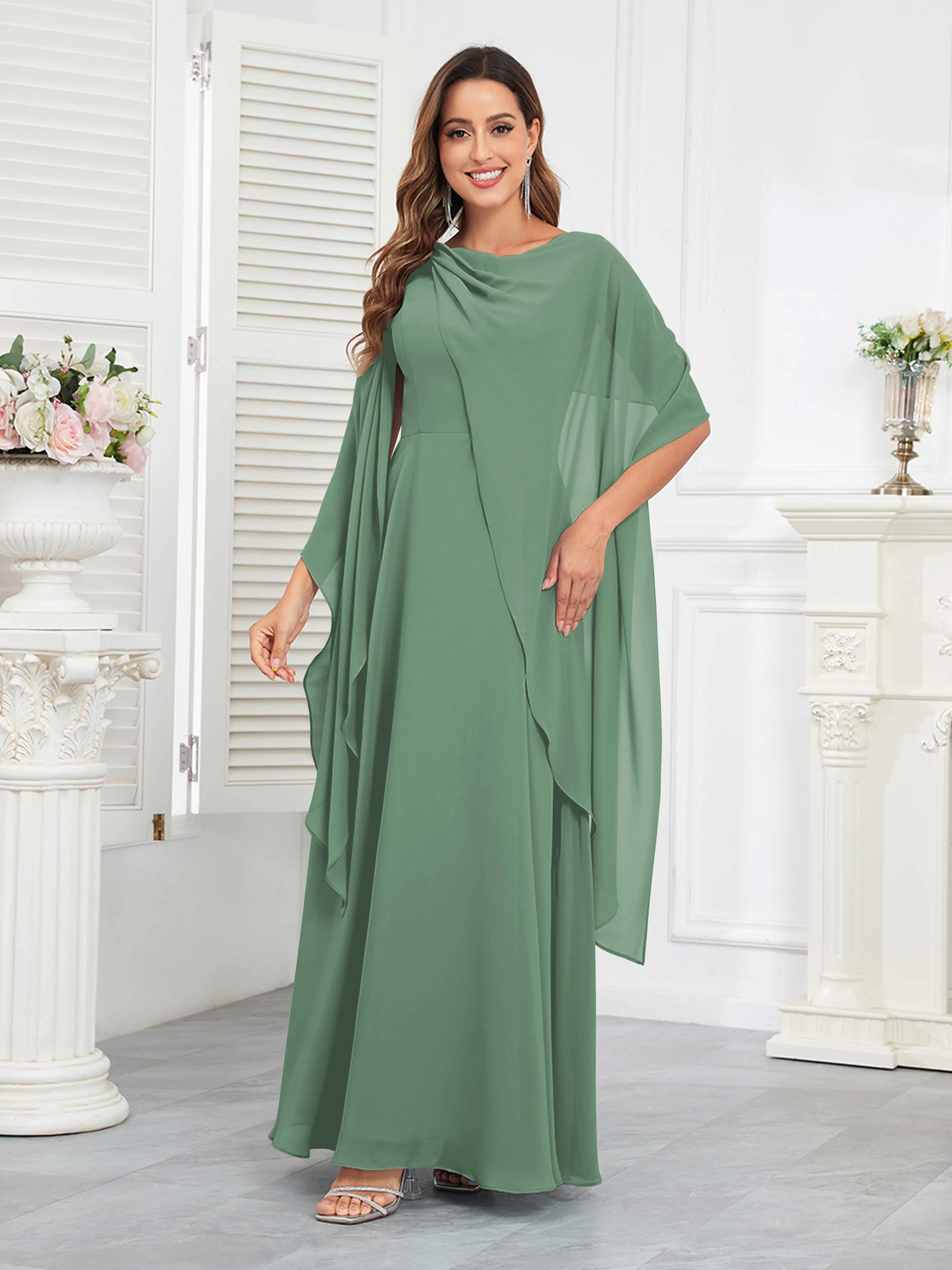 Kennedi Modest A-Line Scoop Cape Sleeves Long Chiffon Mother of the Bride & Groom Dresses