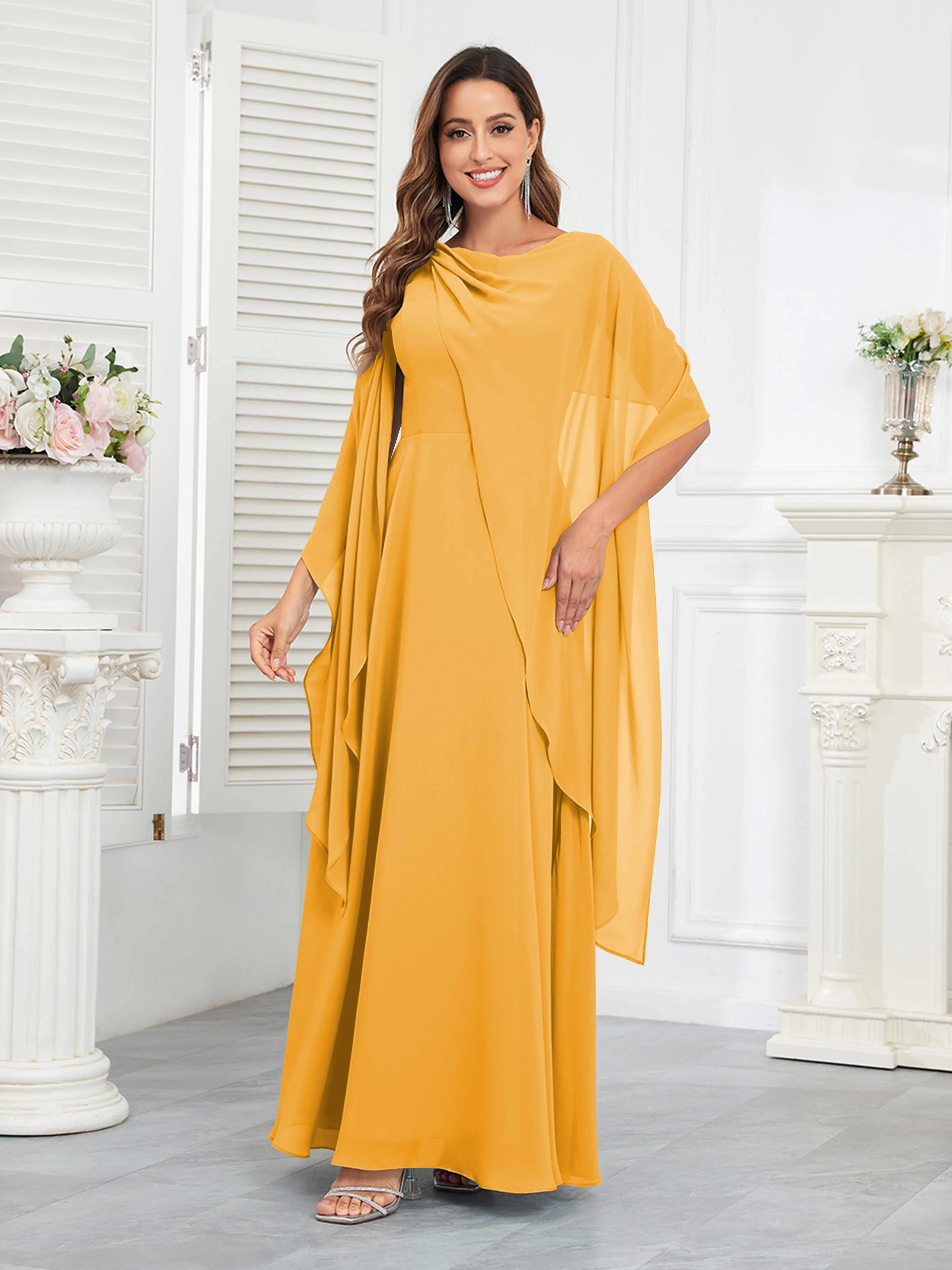 Kennedi Modest A-Line Scoop Cape Sleeves Long Chiffon Mother of the Bride & Groom Dresses
