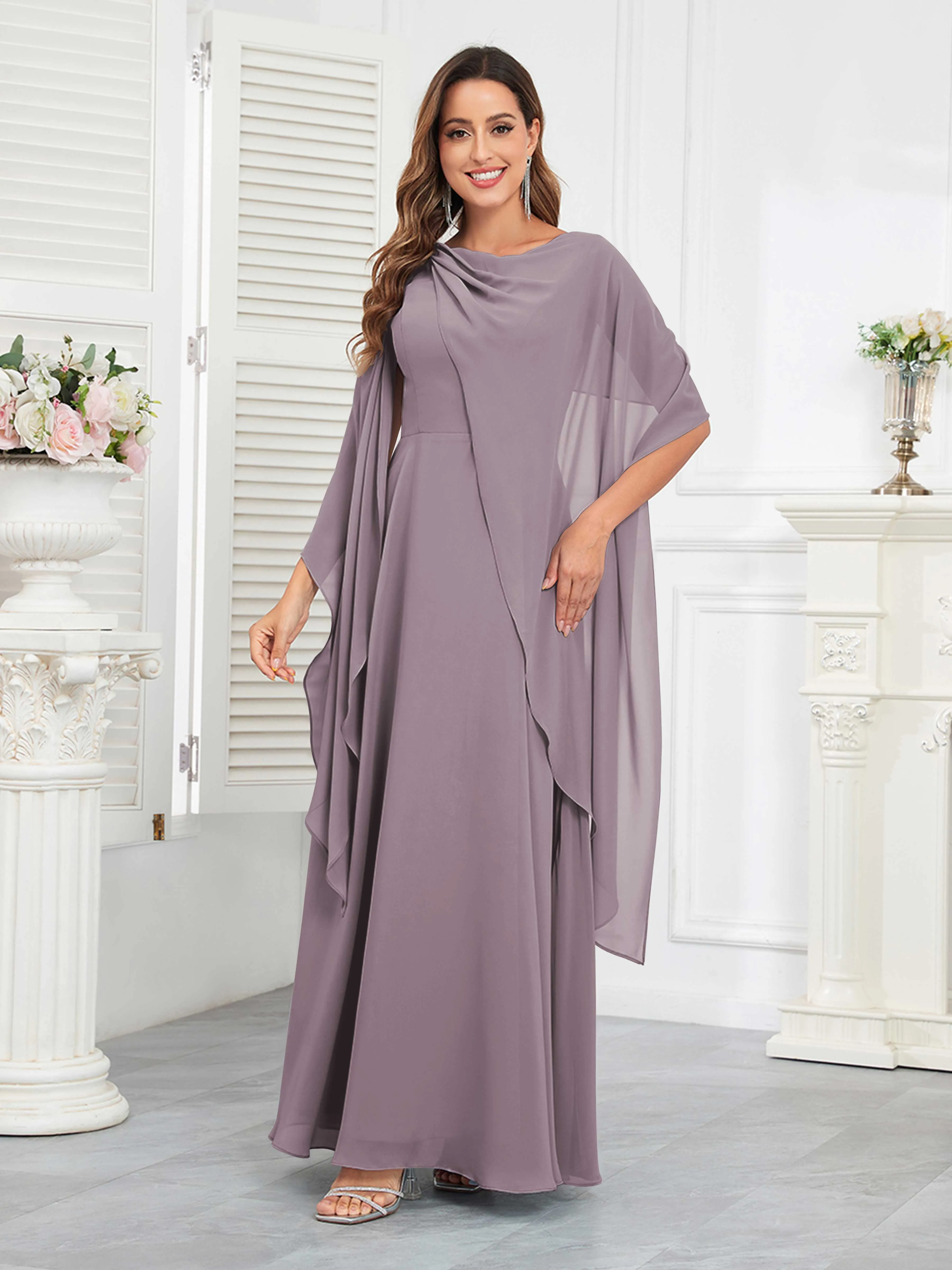 Kennedi Modest A-Line Scoop Cape Sleeves Long Chiffon Mother of the Bride & Groom Dresses