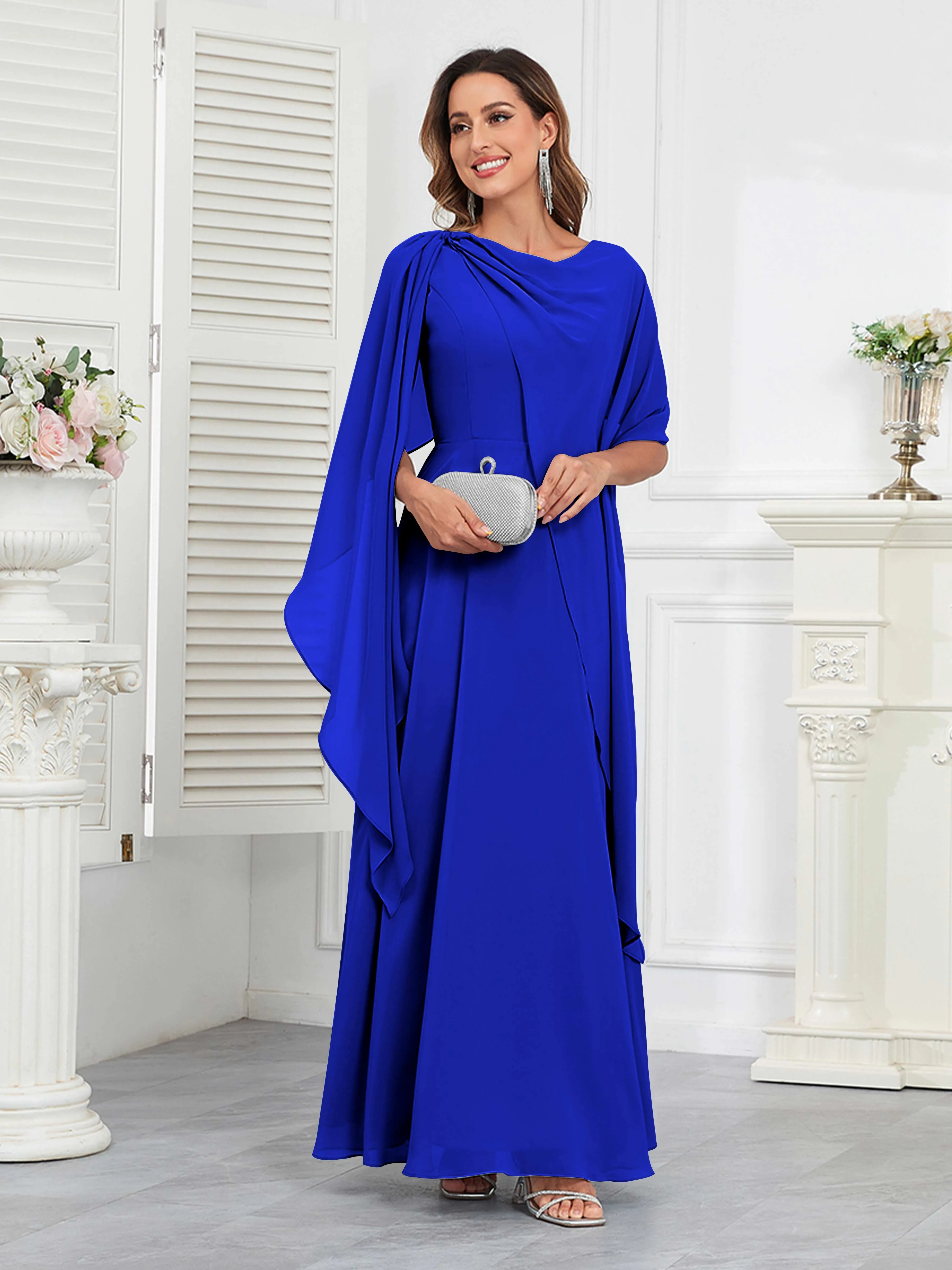 Kennedi Modest A-Line Scoop Cape Sleeves Long Chiffon Mother of the Bride & Groom Dresses