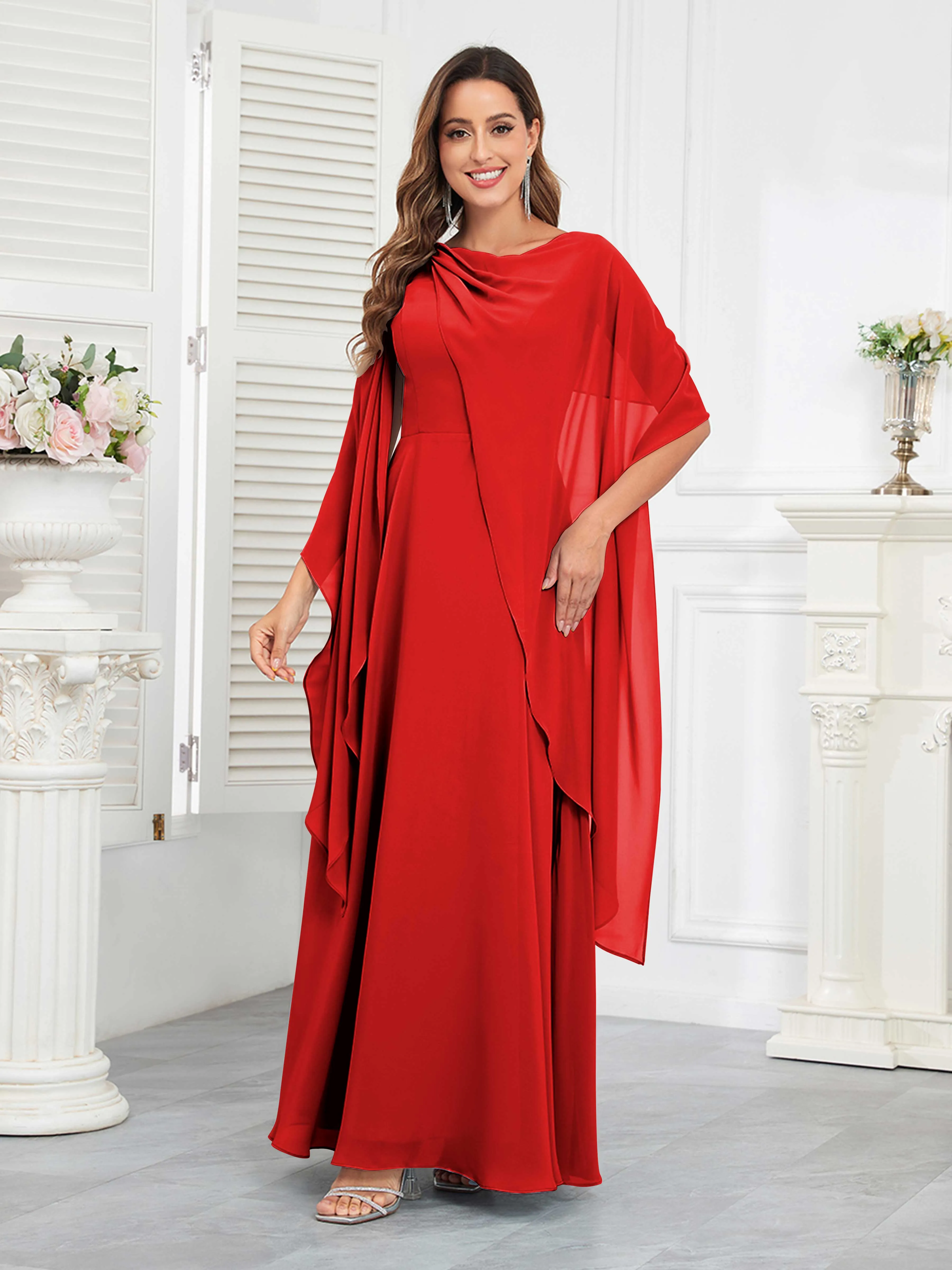 Kennedi Modest A-Line Scoop Cape Sleeves Long Chiffon Mother of the Bride & Groom Dresses