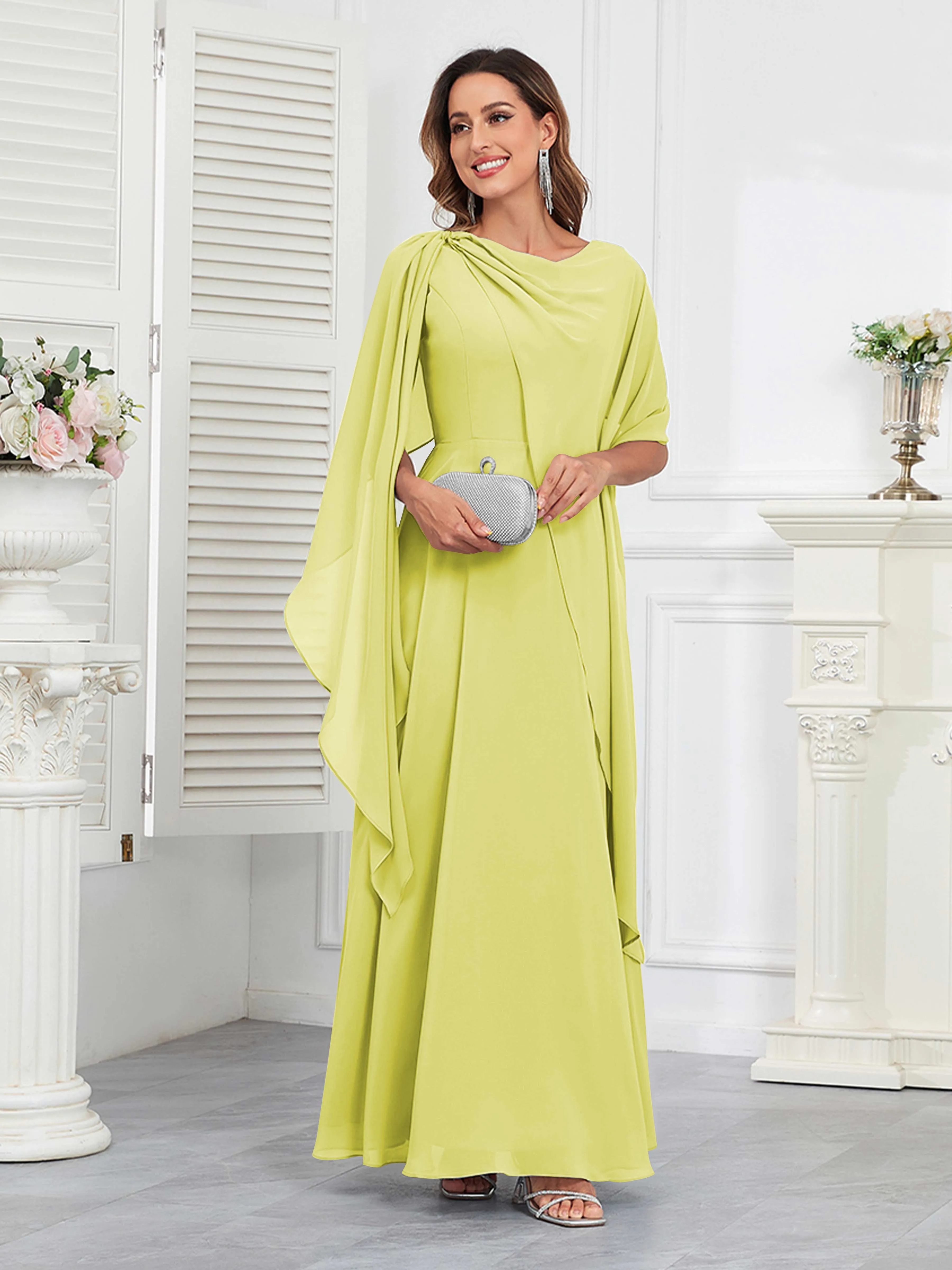Kennedi Modest A-Line Scoop Cape Sleeves Long Chiffon Mother of the Bride & Groom Dresses