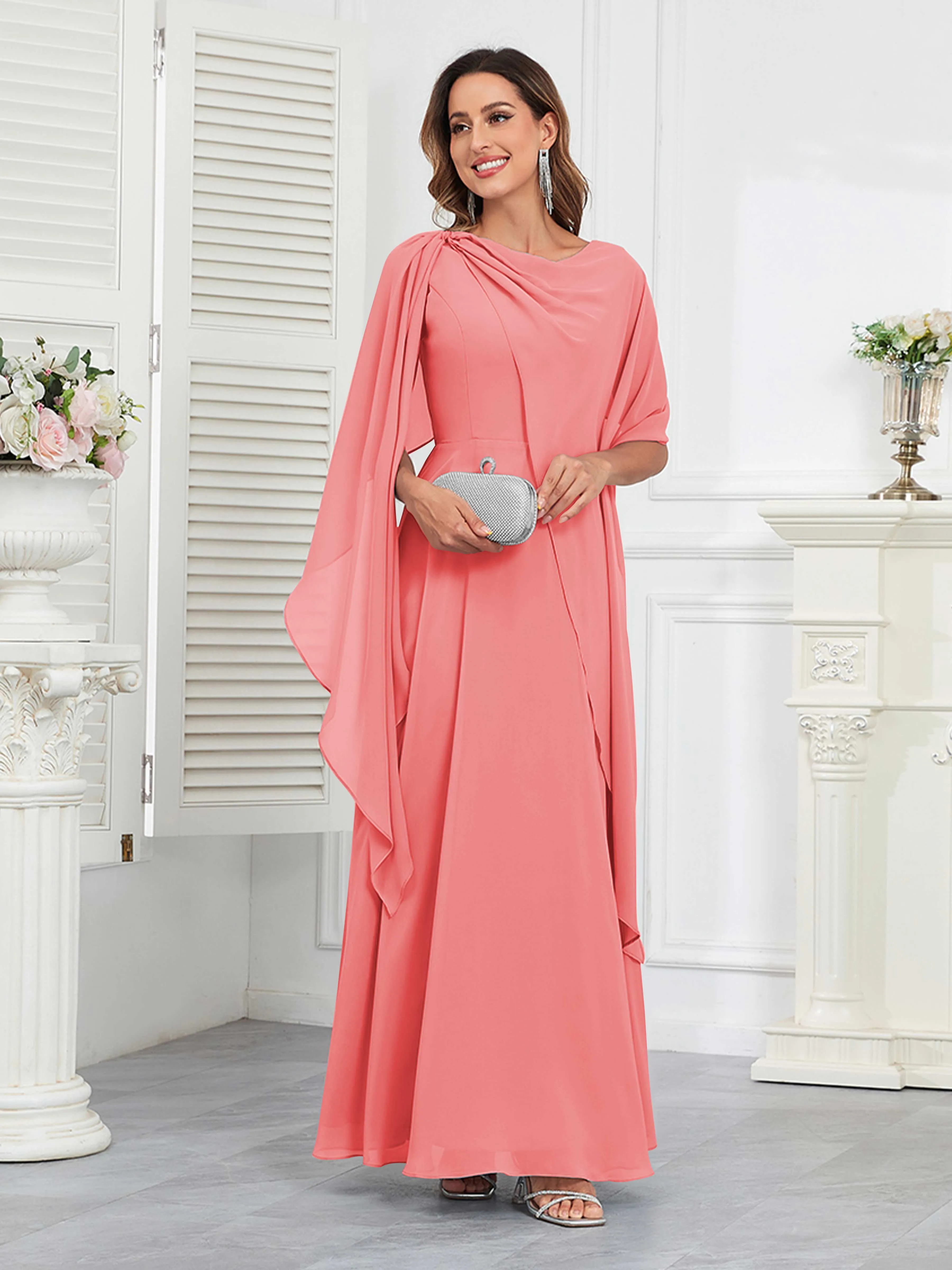 Kennedi Modest A-Line Scoop Cape Sleeves Long Chiffon Mother of the Bride & Groom Dresses