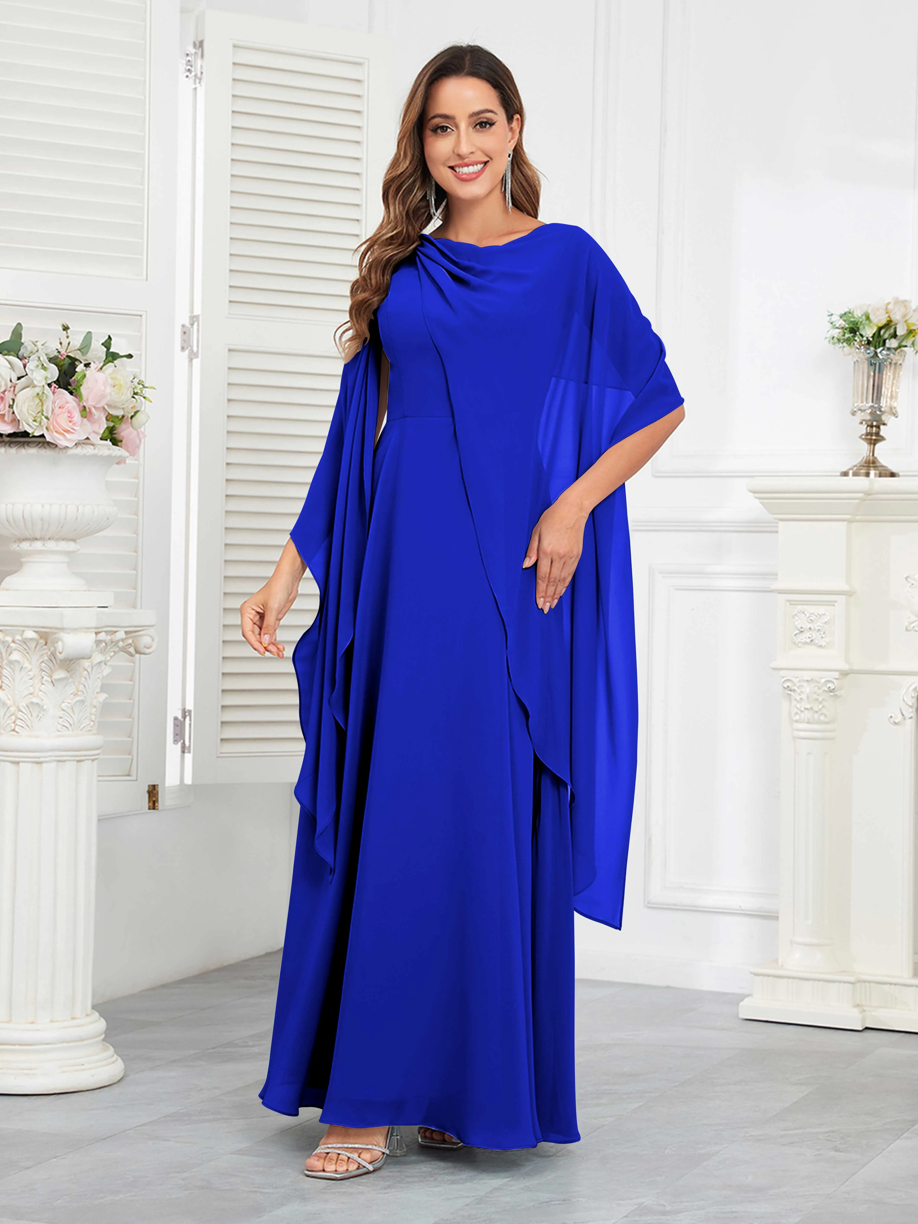 Kennedi Modest A-Line Scoop Cape Sleeves Long Chiffon Mother of the Bride & Groom Dresses