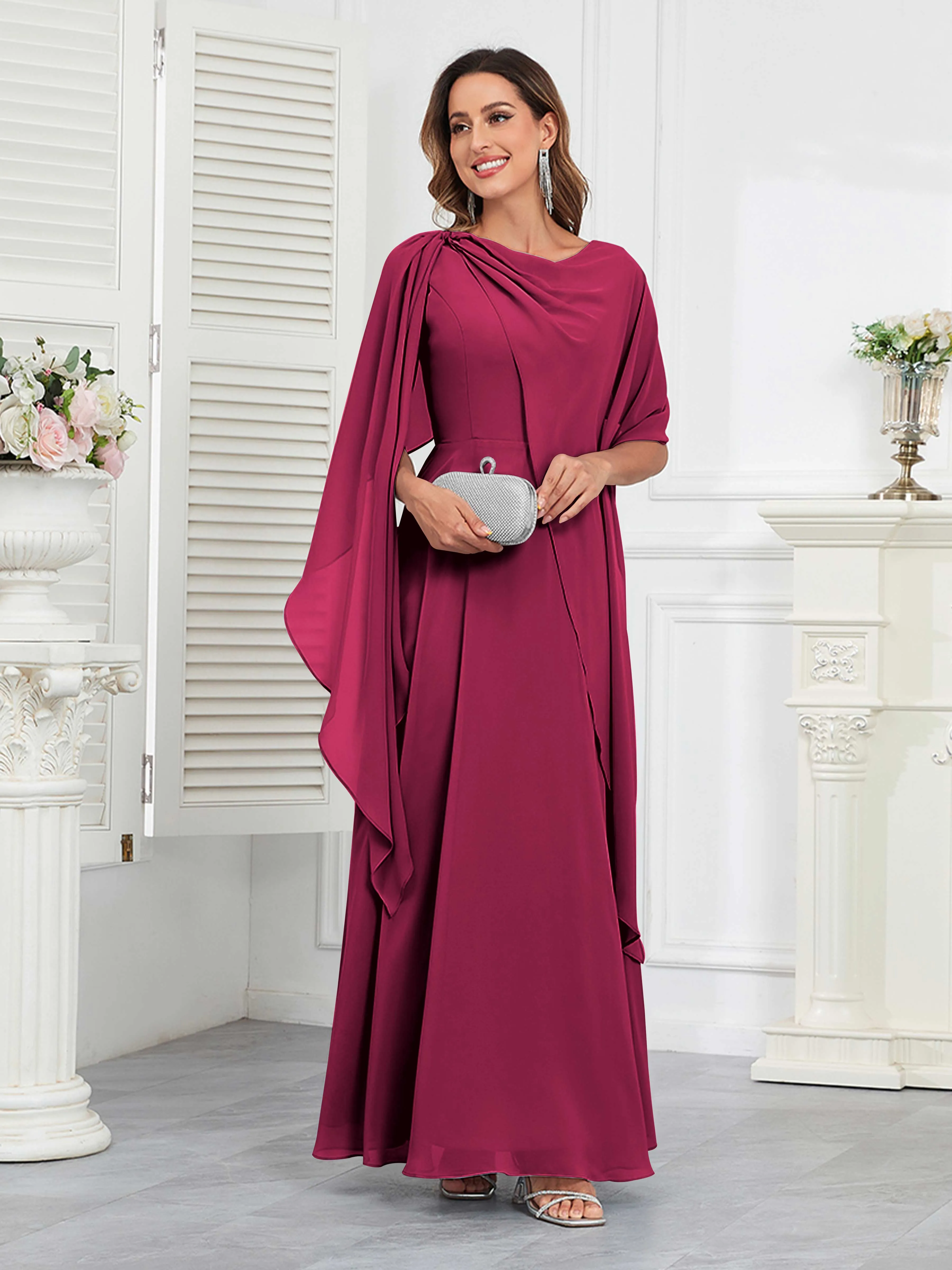 Kennedi Modest A-Line Scoop Cape Sleeves Long Chiffon Mother of the Bride & Groom Dresses