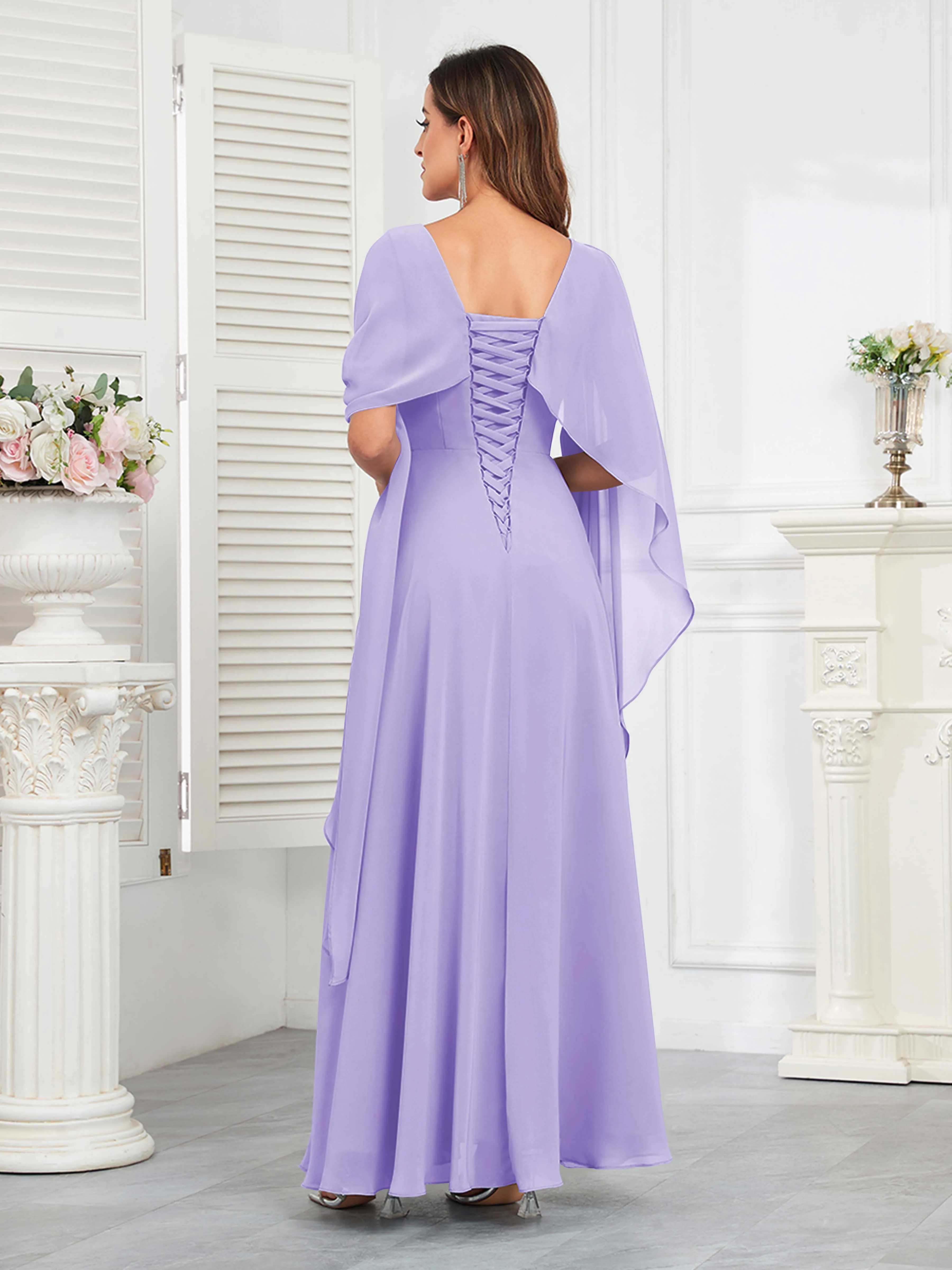 Kennedi Modest A-Line Scoop Cape Sleeves Long Chiffon Mother of the Bride & Groom Dresses