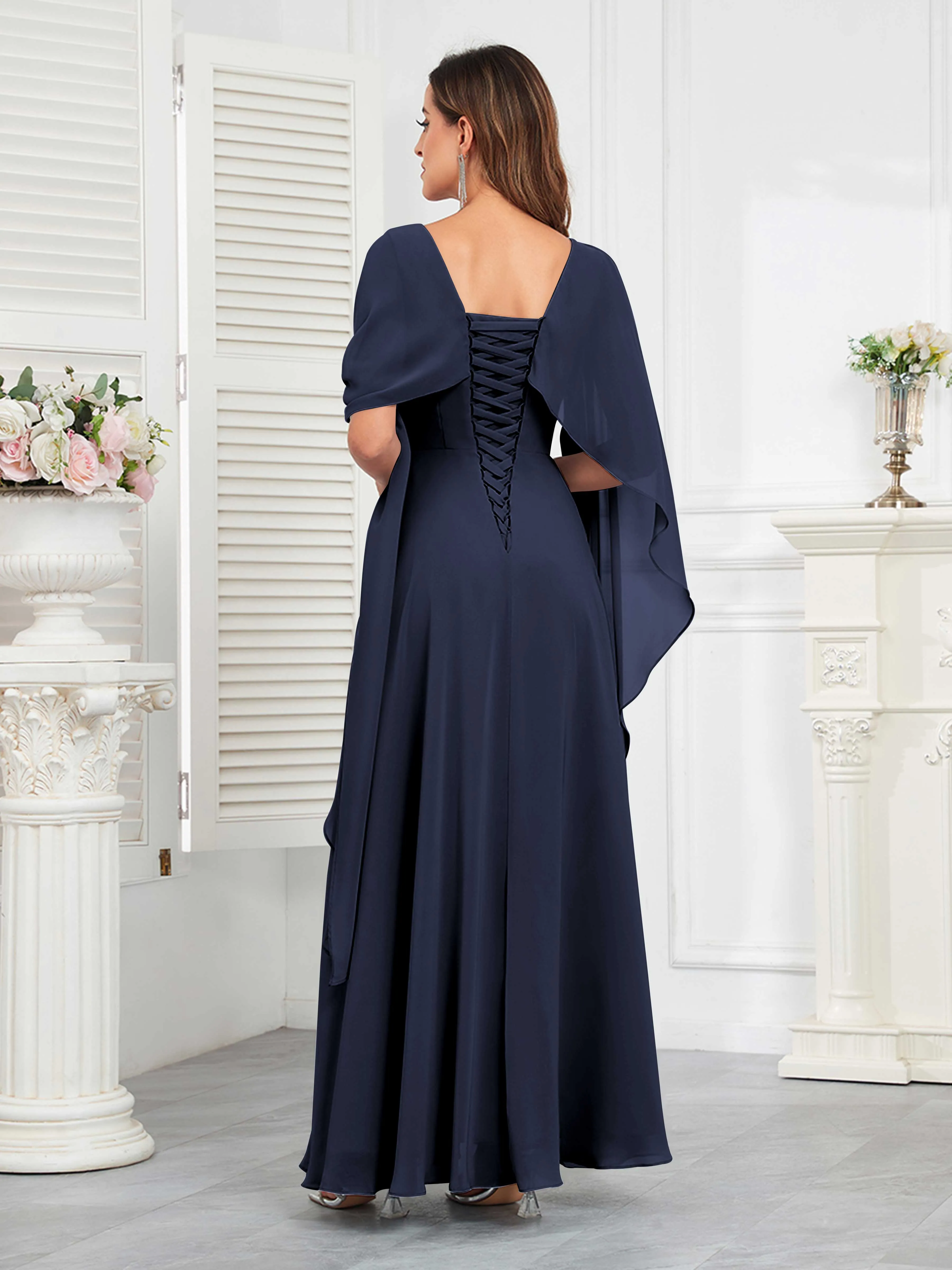 Kennedi Modest A-Line Scoop Cape Sleeves Long Chiffon Mother of the Bride & Groom Dresses