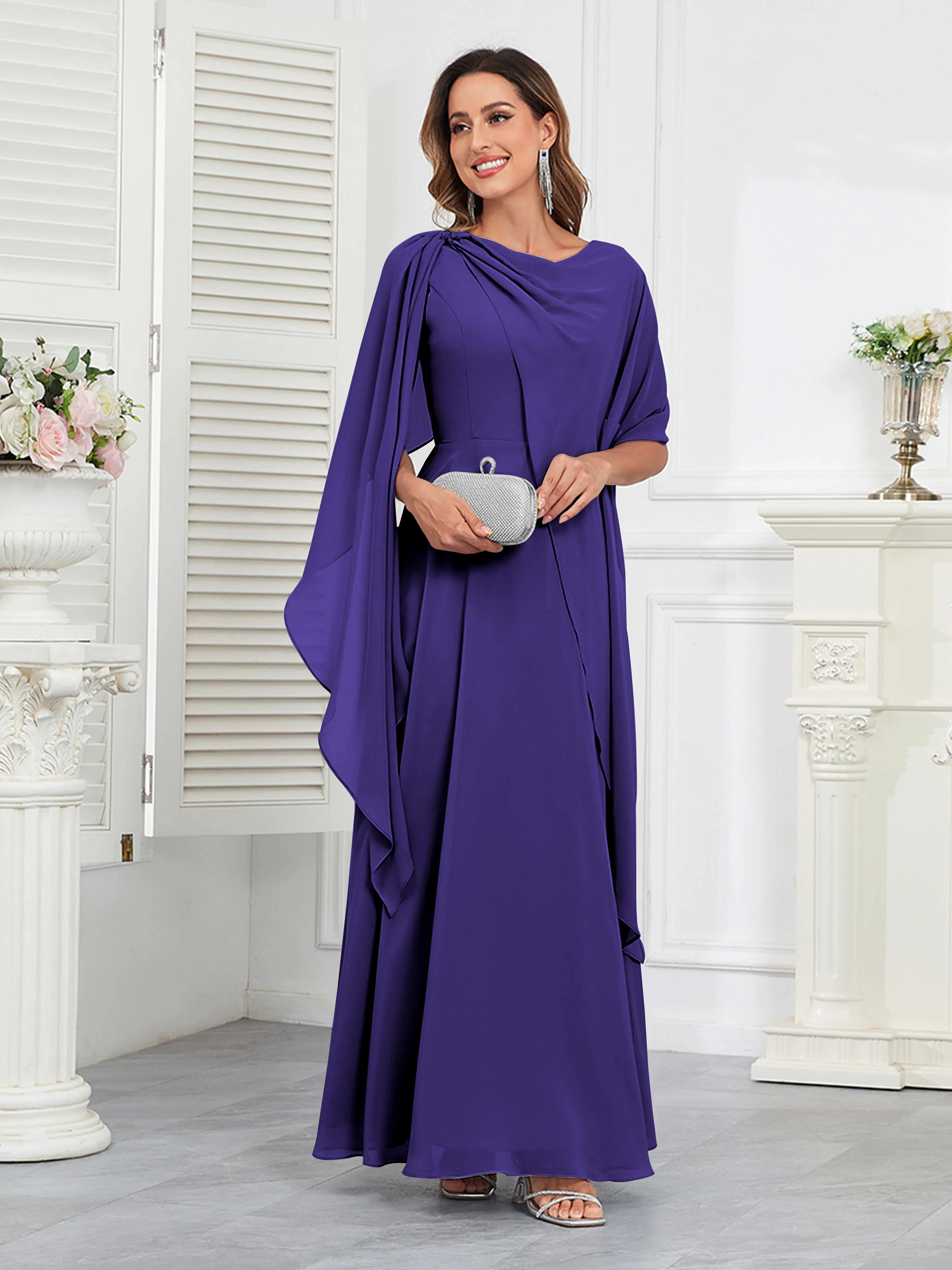 Kennedi Modest A-Line Scoop Cape Sleeves Long Chiffon Mother of the Bride & Groom Dresses