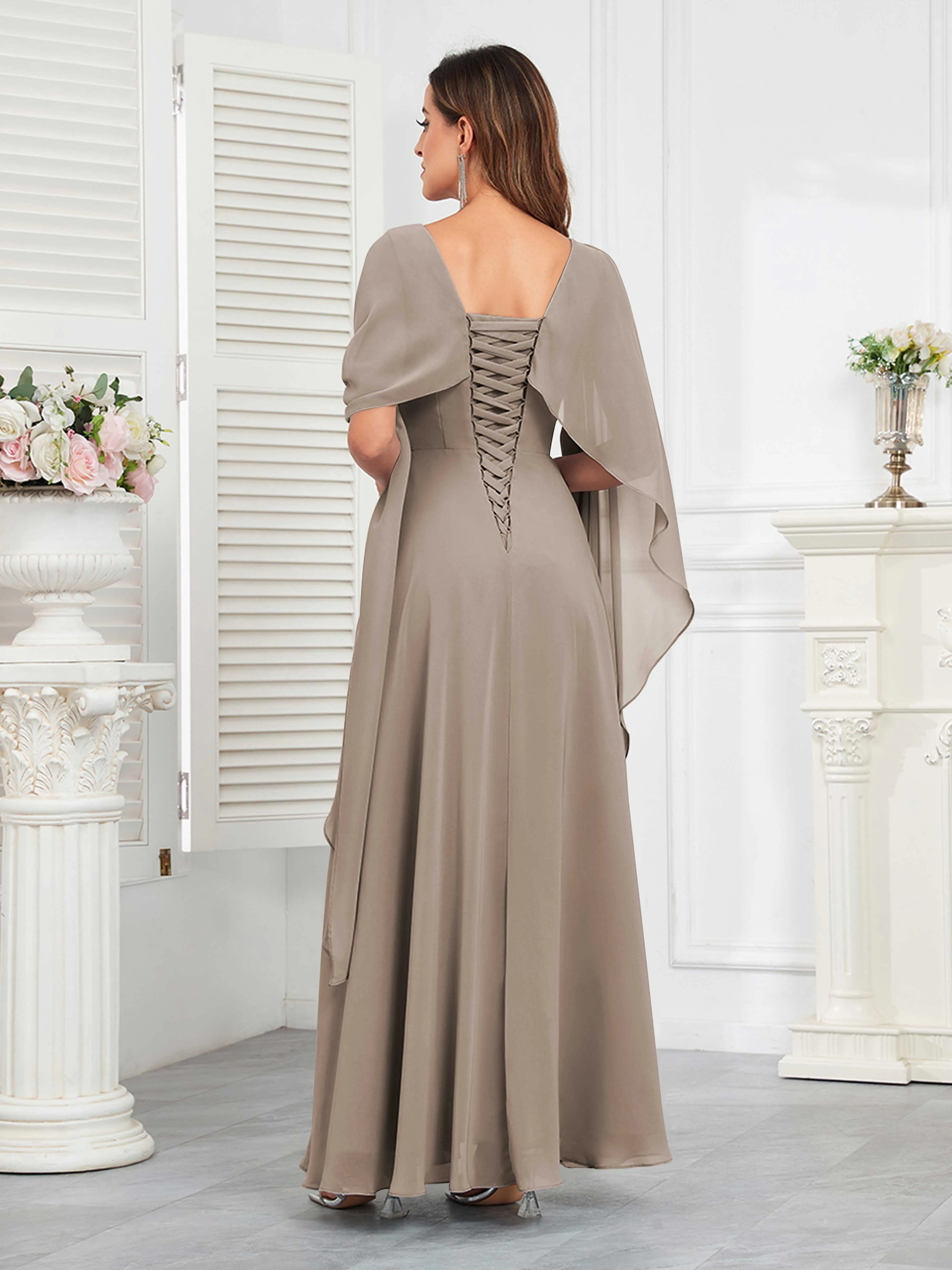 Kennedi Modest A-Line Scoop Cape Sleeves Long Chiffon Mother of the Bride & Groom Dresses