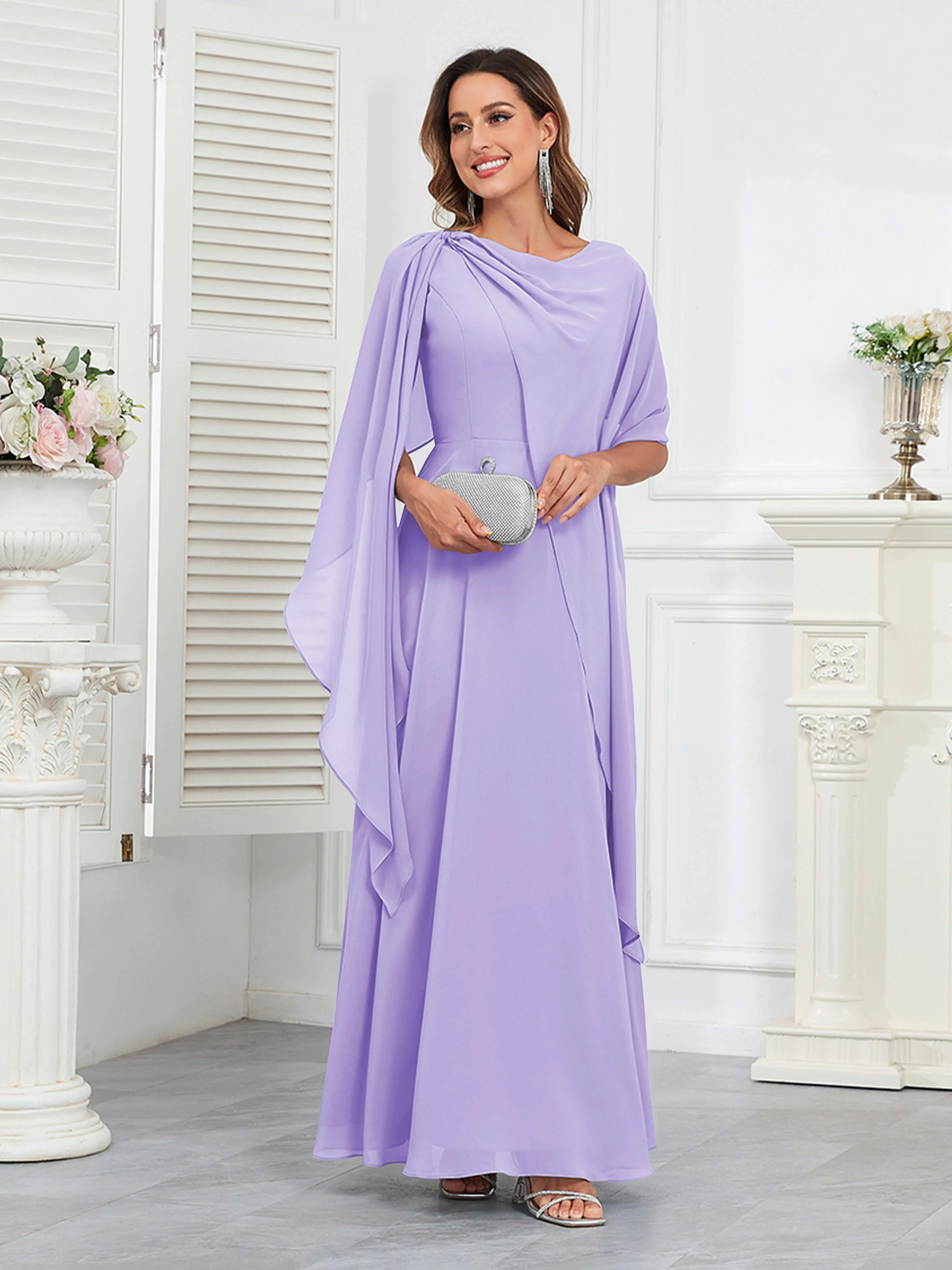 Kennedi Modest A-Line Scoop Cape Sleeves Long Chiffon Mother of the Bride & Groom Dresses