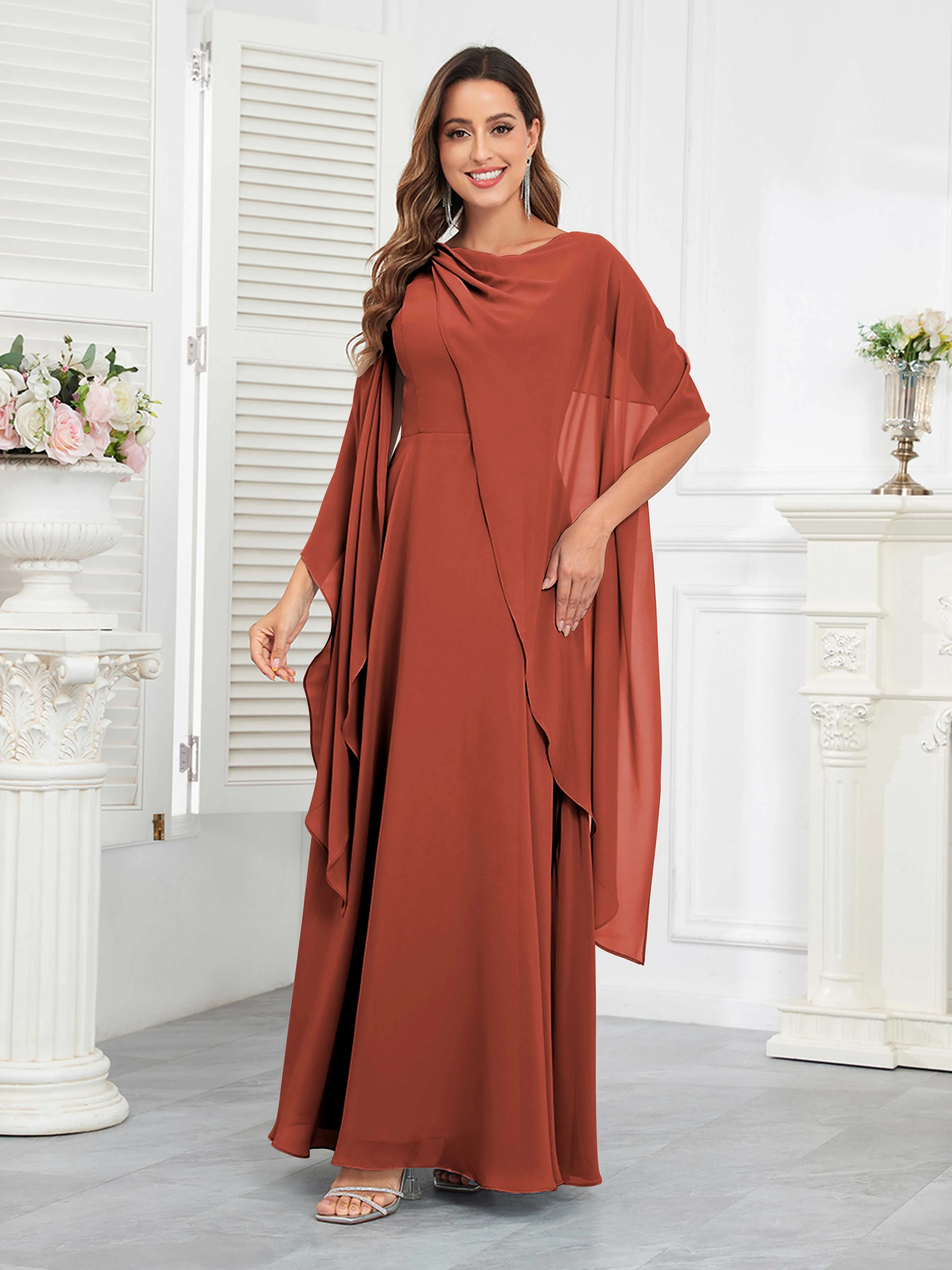 Kennedi Modest A-Line Scoop Cape Sleeves Long Chiffon Mother of the Bride & Groom Dresses