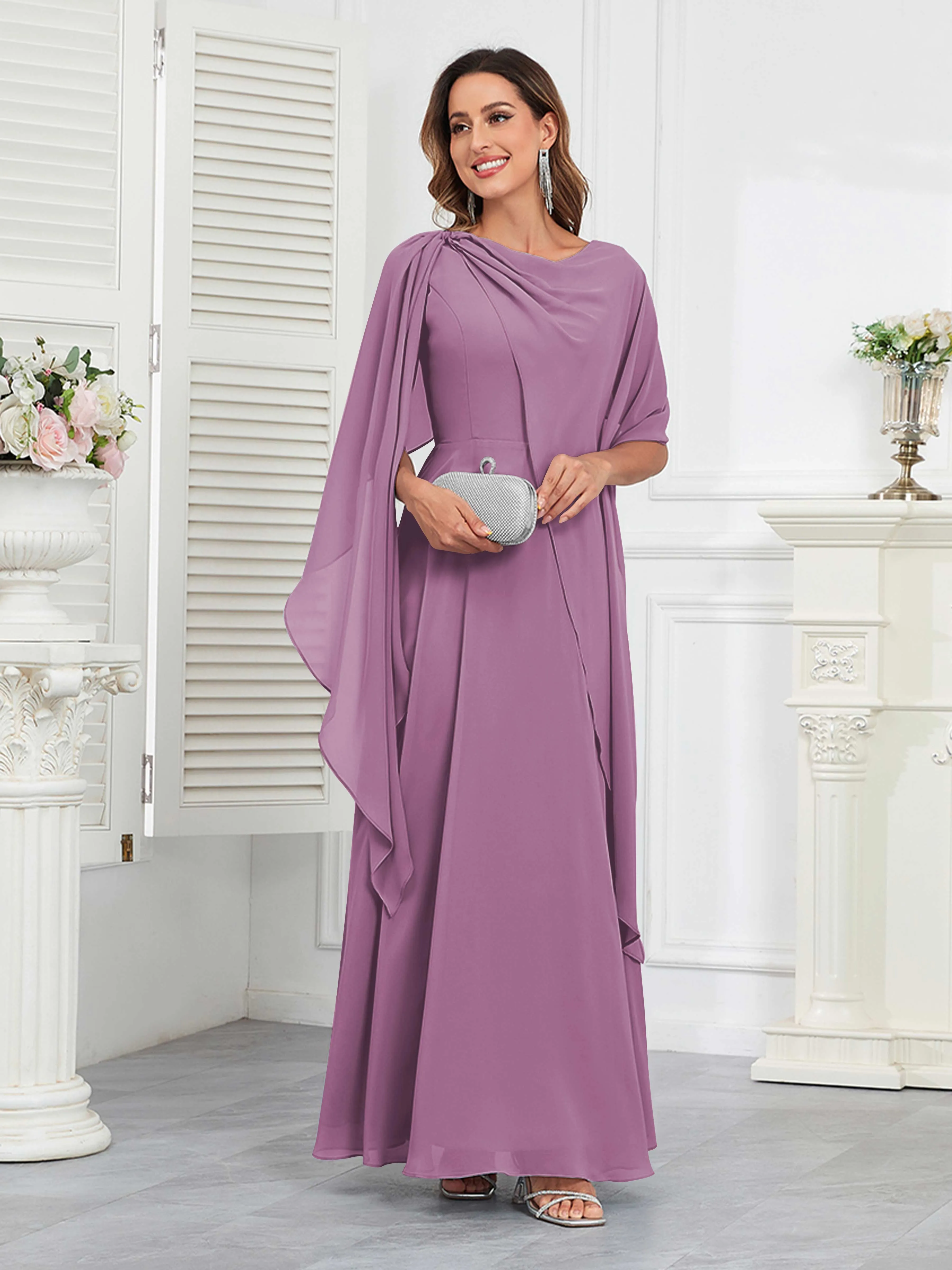 Kennedi Modest A-Line Scoop Cape Sleeves Long Chiffon Mother of the Bride & Groom Dresses