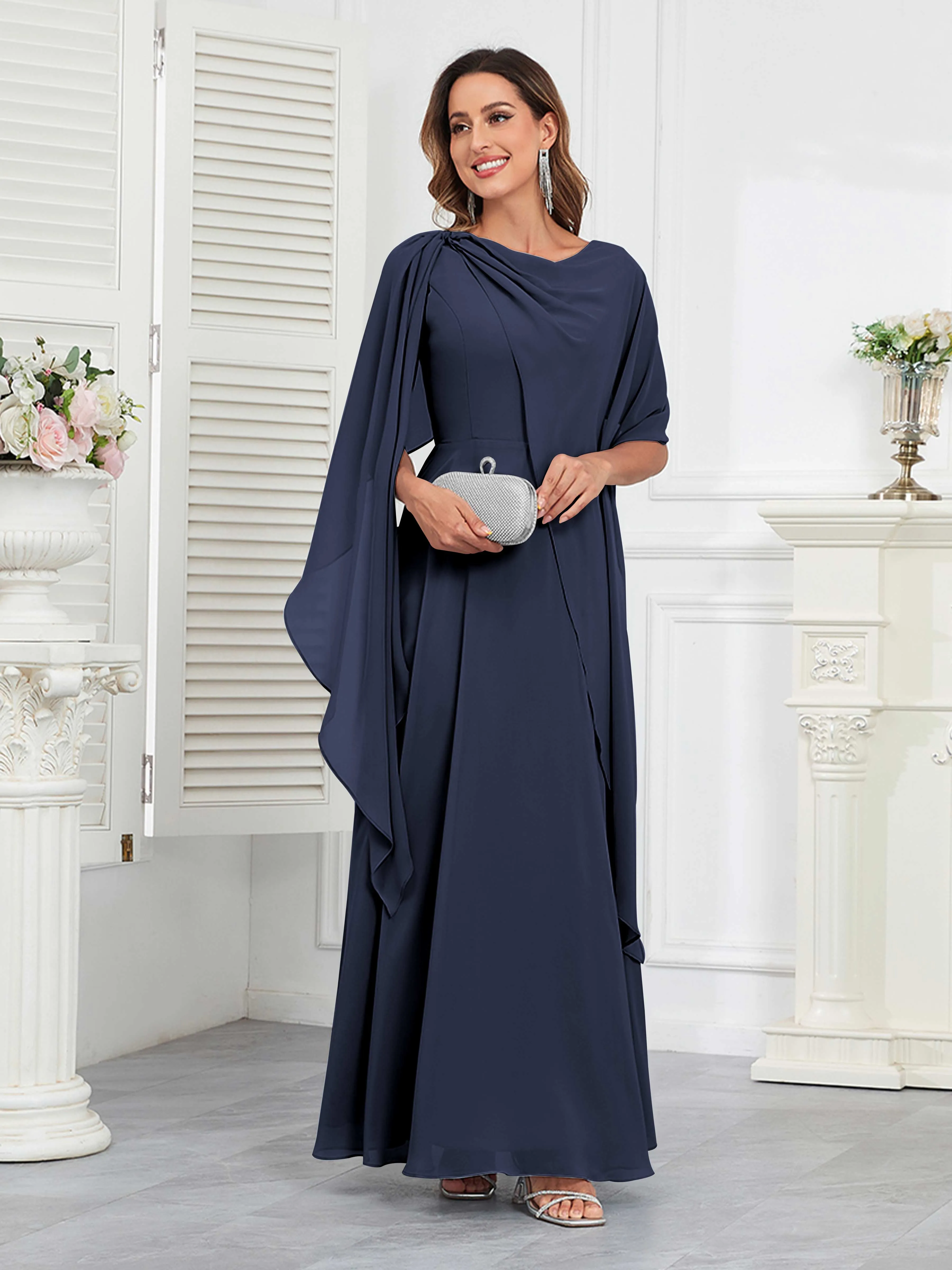 Kennedi Modest A-Line Scoop Cape Sleeves Long Chiffon Mother of the Bride & Groom Dresses