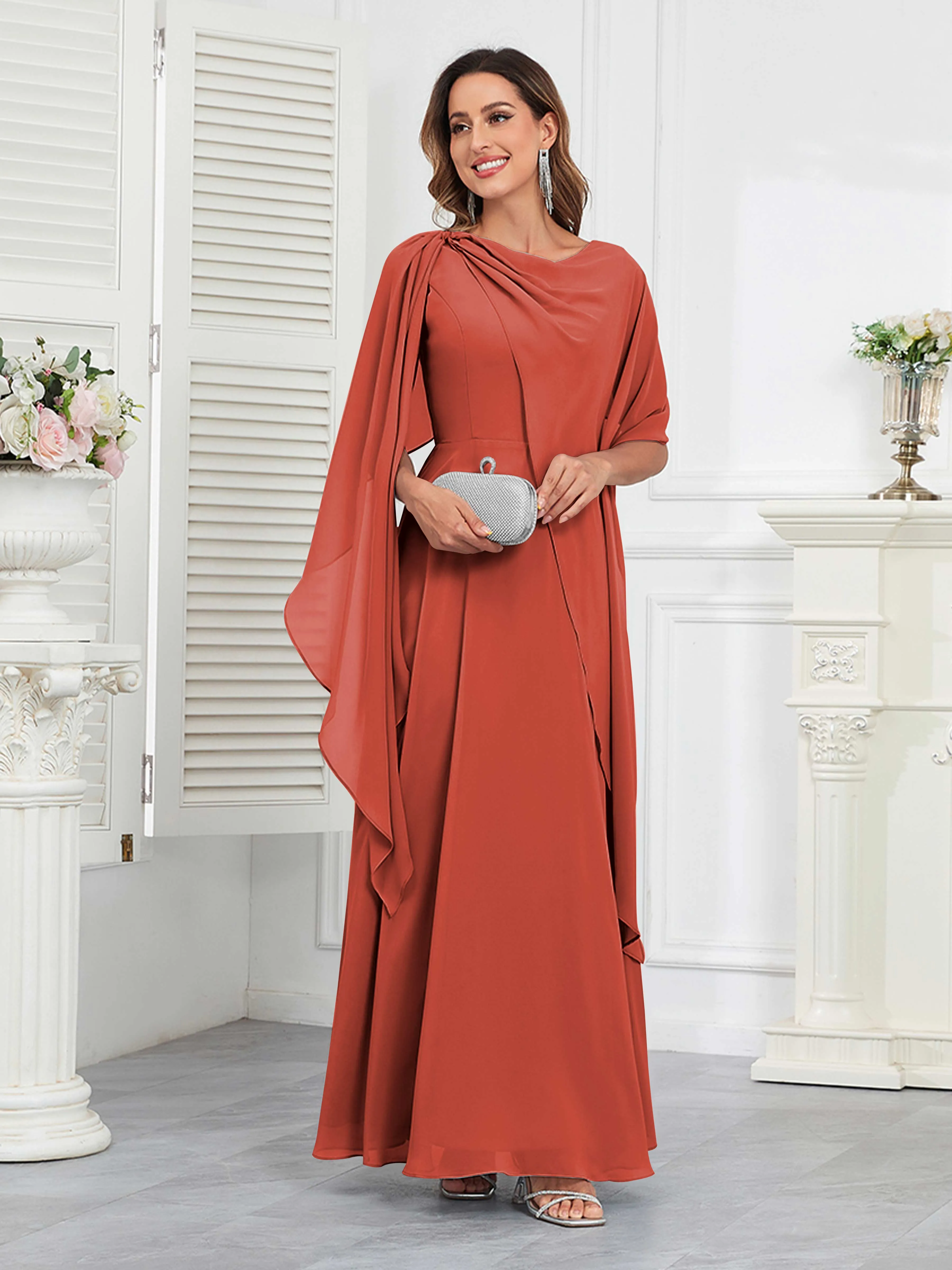 Kennedi Modest A-Line Scoop Cape Sleeves Long Chiffon Mother of the Bride & Groom Dresses