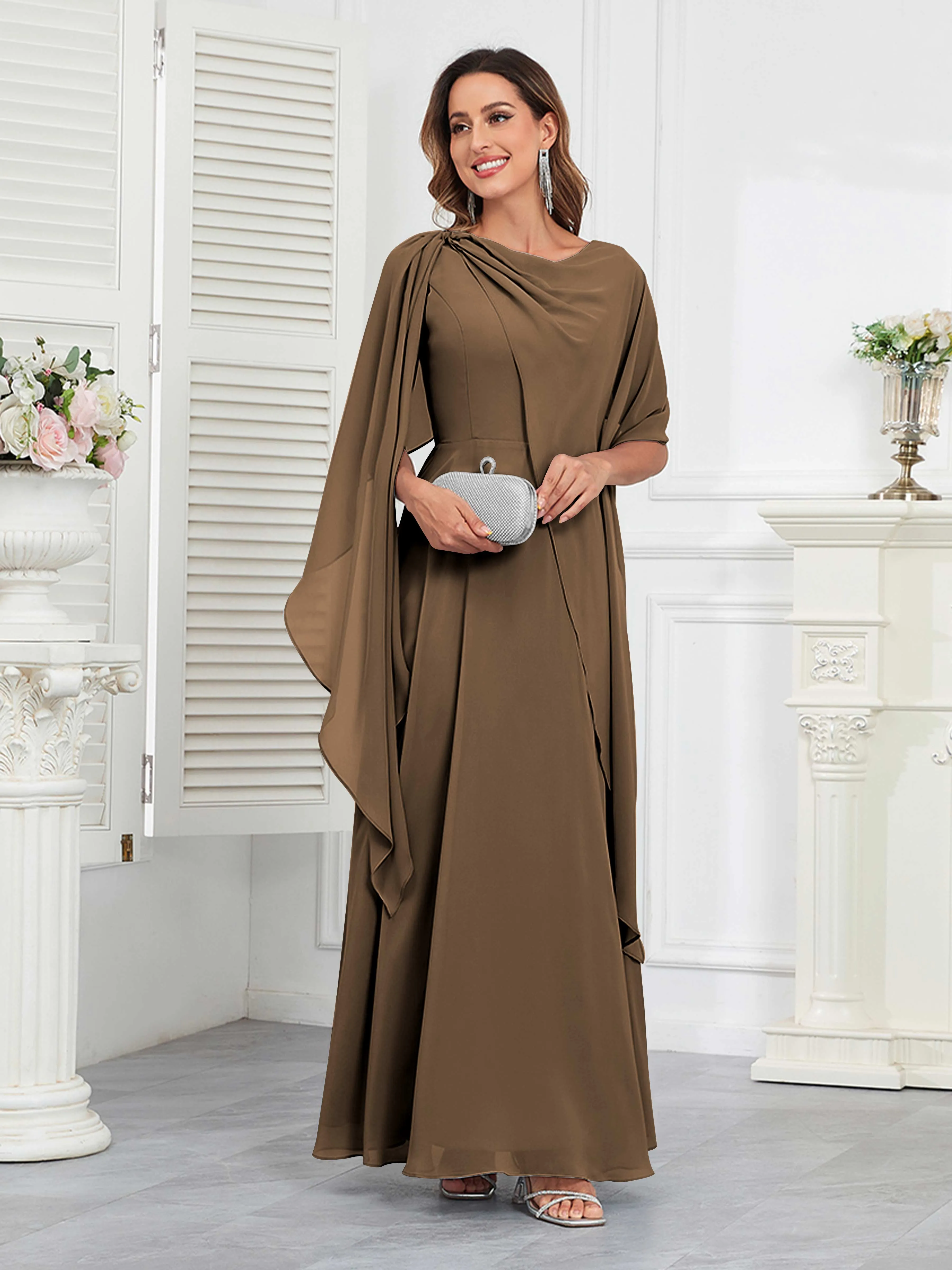 Kennedi Modest A-Line Scoop Cape Sleeves Long Chiffon Mother of the Bride & Groom Dresses