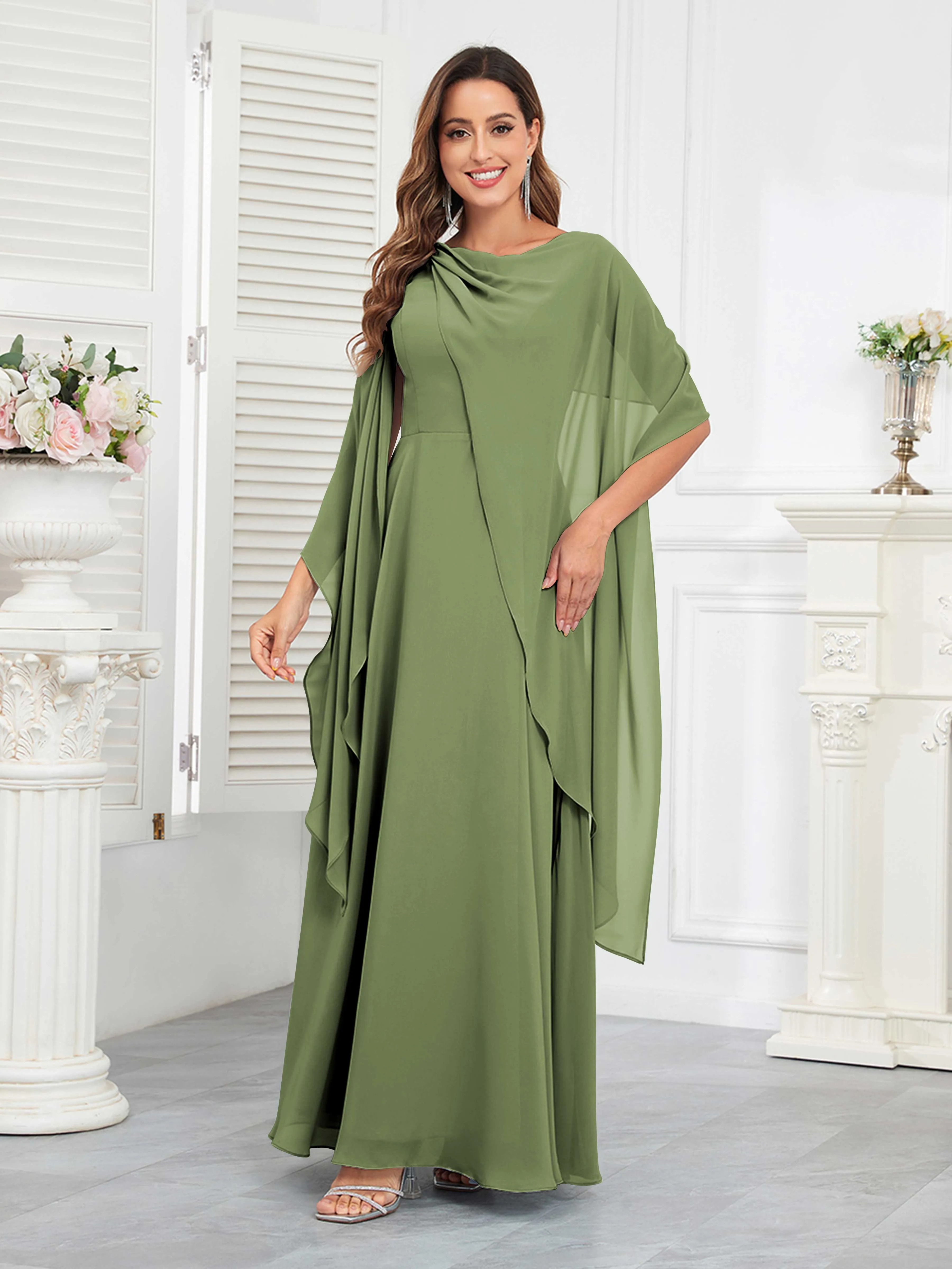 Kennedi Modest A-Line Scoop Cape Sleeves Long Chiffon Mother of the Bride & Groom Dresses