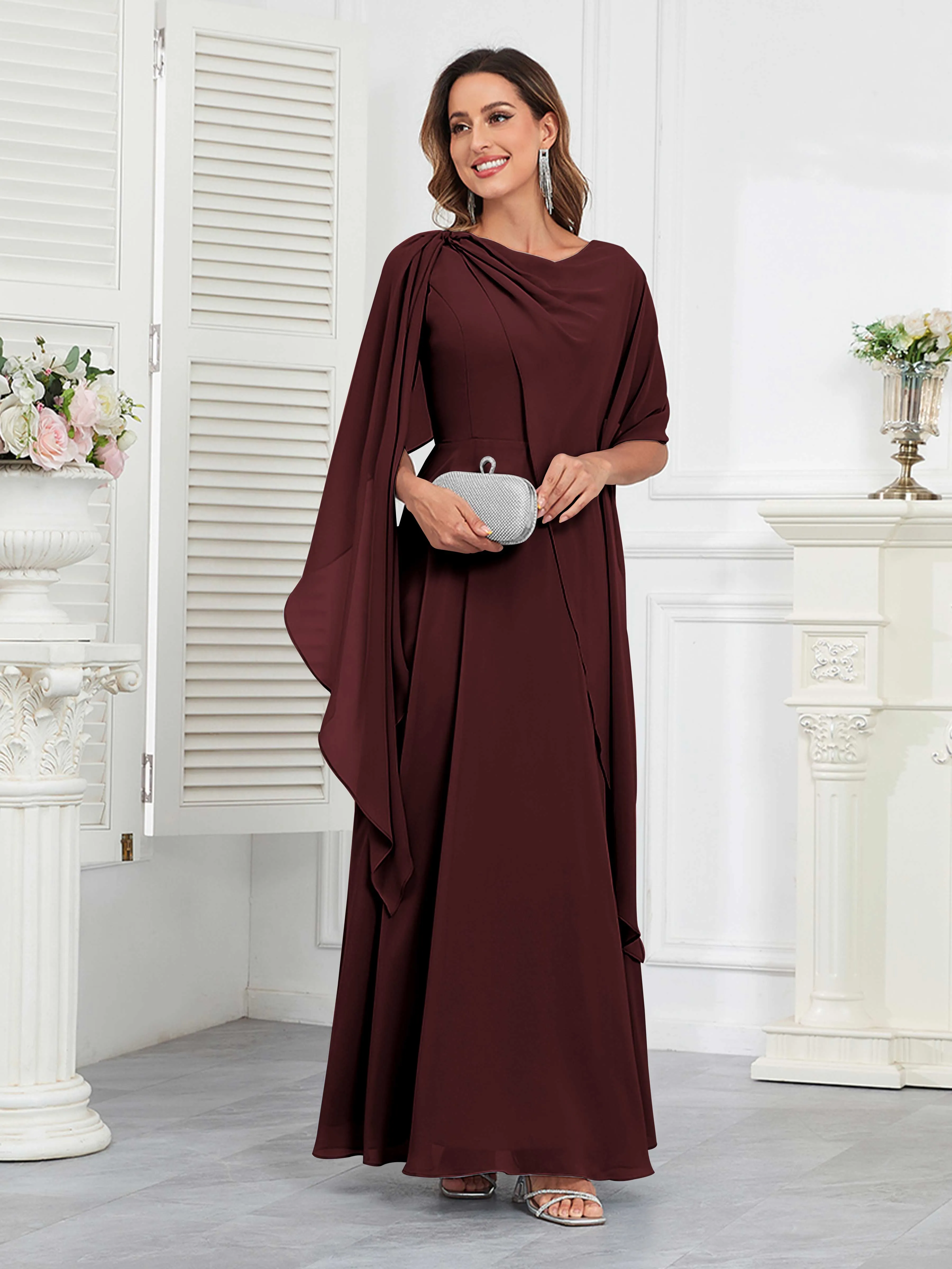 Kennedi Modest A-Line Scoop Cape Sleeves Long Chiffon Mother of the Bride & Groom Dresses
