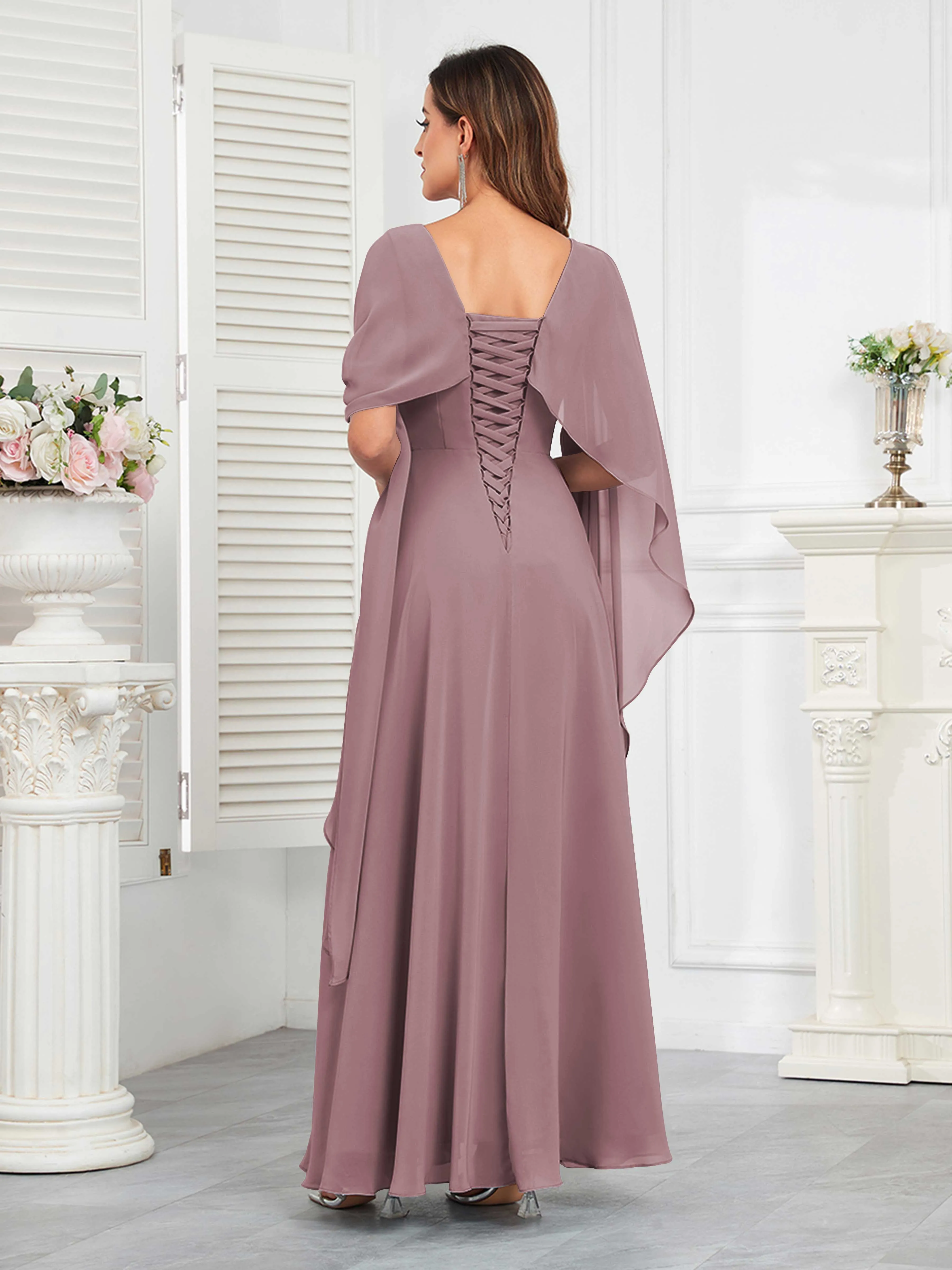 Kennedi Modest A-Line Scoop Cape Sleeves Long Chiffon Mother of the Bride & Groom Dresses