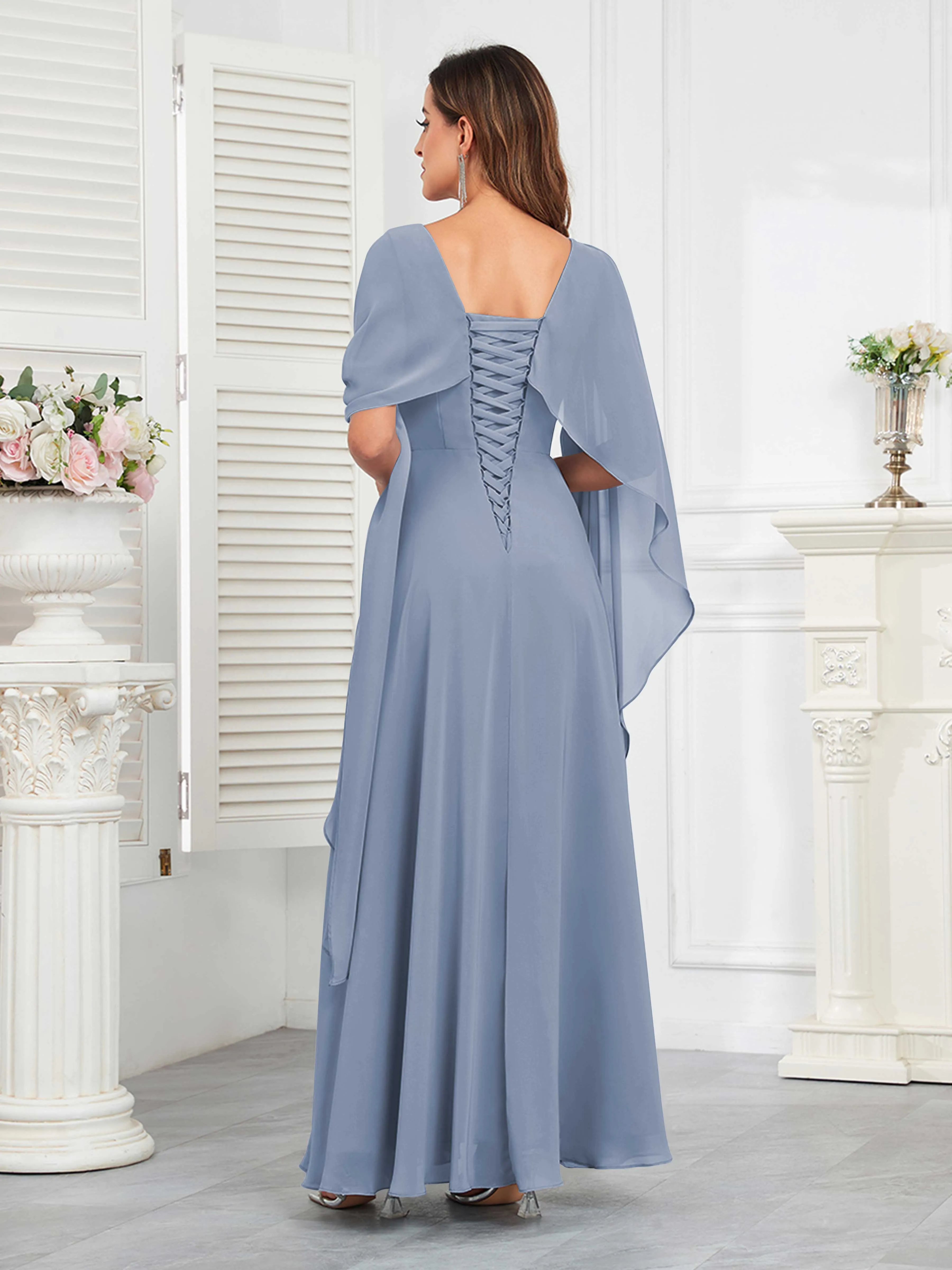 Kennedi Modest A-Line Scoop Cape Sleeves Long Chiffon Mother of the Bride & Groom Dresses