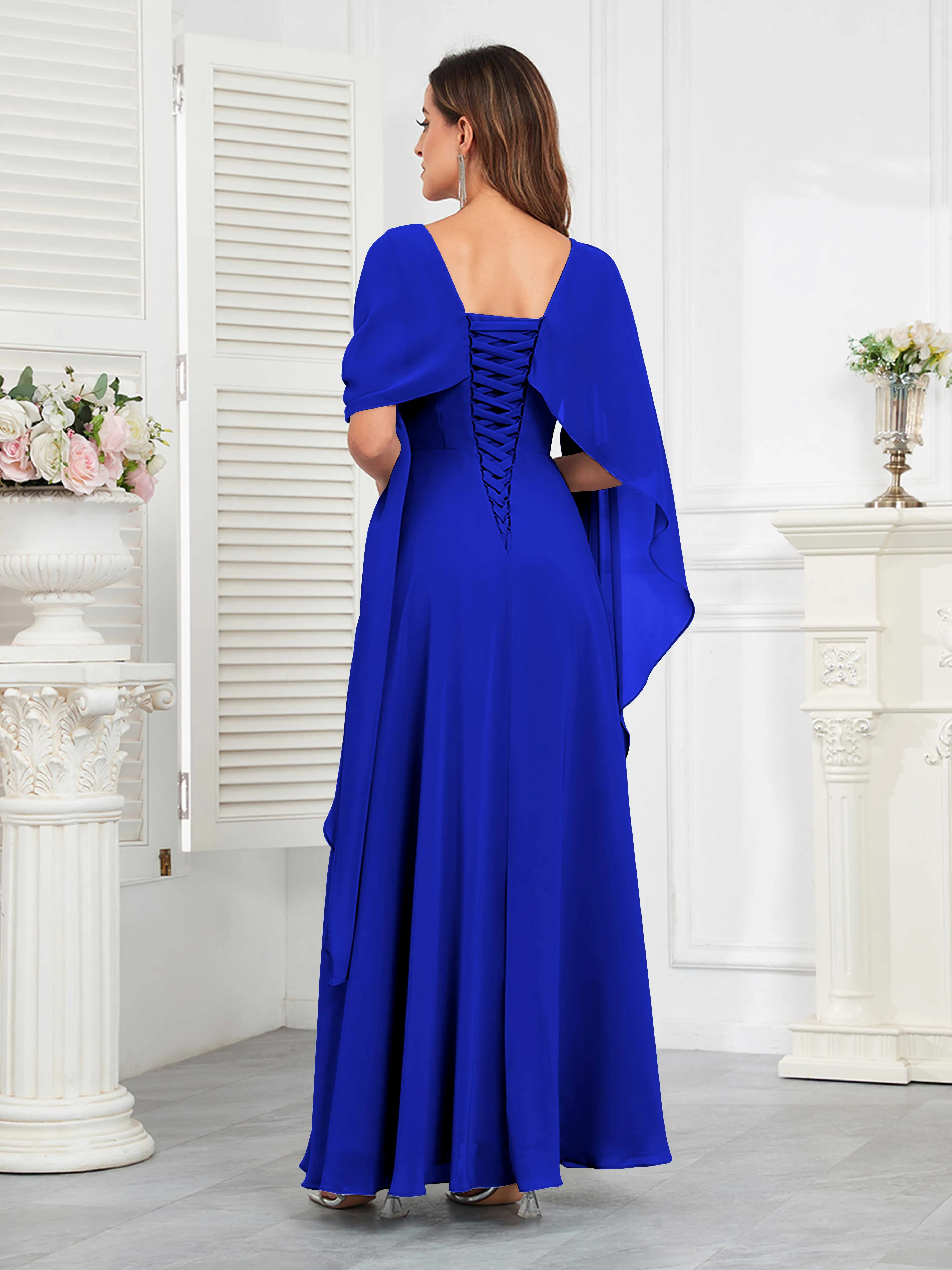 Kennedi Modest A-Line Scoop Cape Sleeves Long Chiffon Mother of the Bride & Groom Dresses