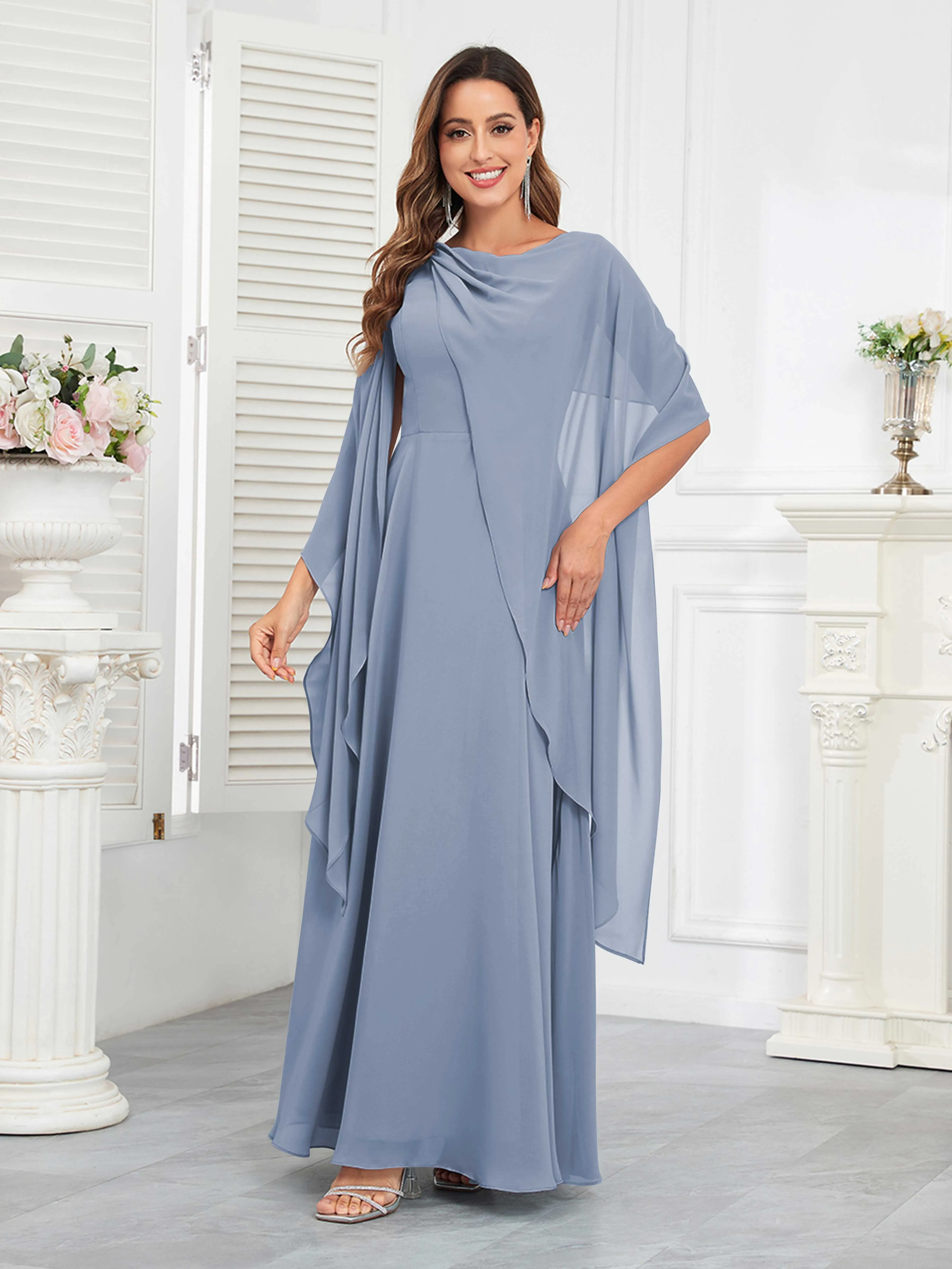 Kennedi Modest A-Line Scoop Cape Sleeves Long Chiffon Mother of the Bride & Groom Dresses
