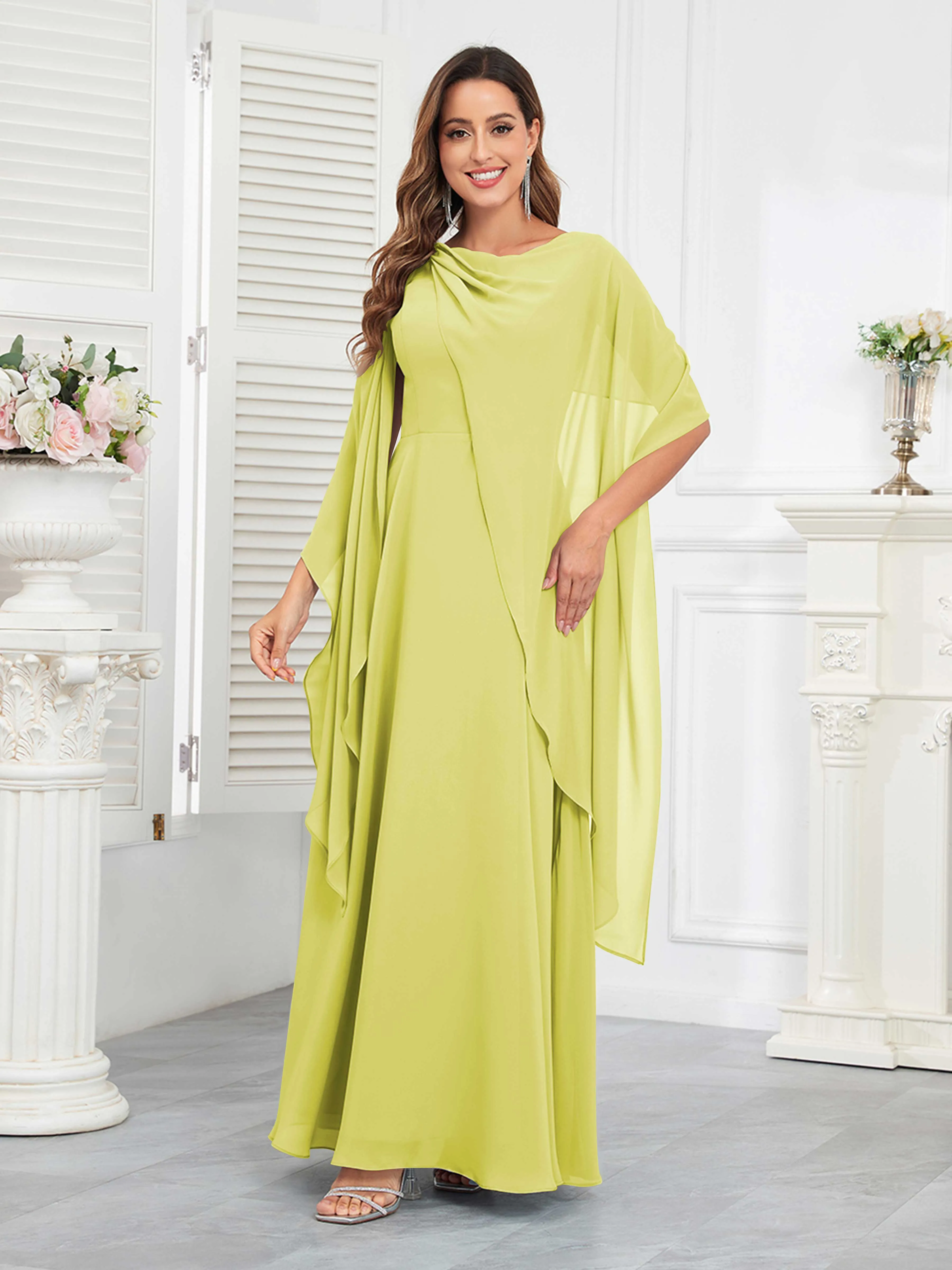 Kennedi Modest A-Line Scoop Cape Sleeves Long Chiffon Mother of the Bride & Groom Dresses