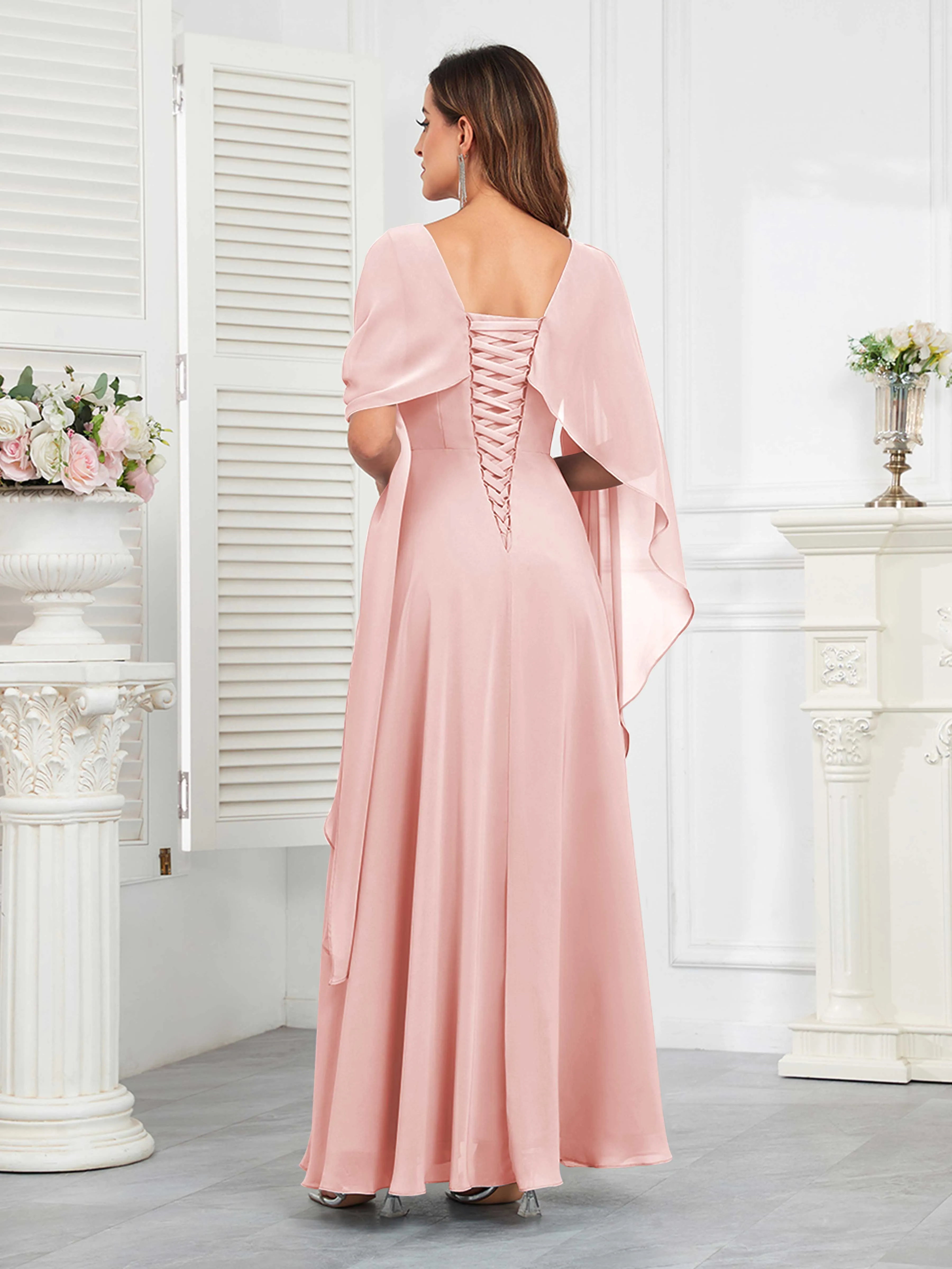 Kennedi Modest A-Line Scoop Cape Sleeves Long Chiffon Mother of the Bride & Groom Dresses