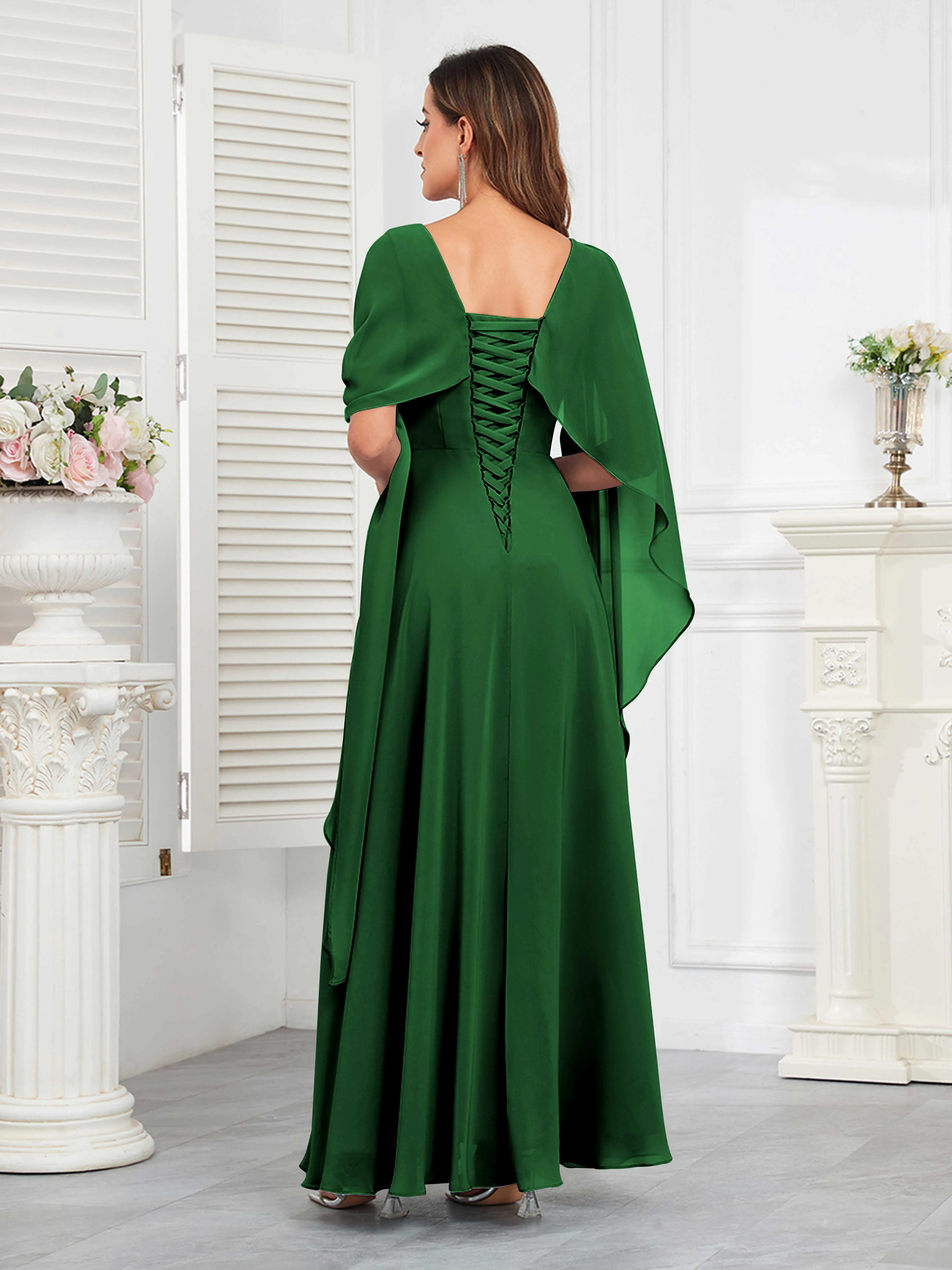Kennedi Modest A-Line Scoop Cape Sleeves Long Chiffon Mother of the Bride & Groom Dresses