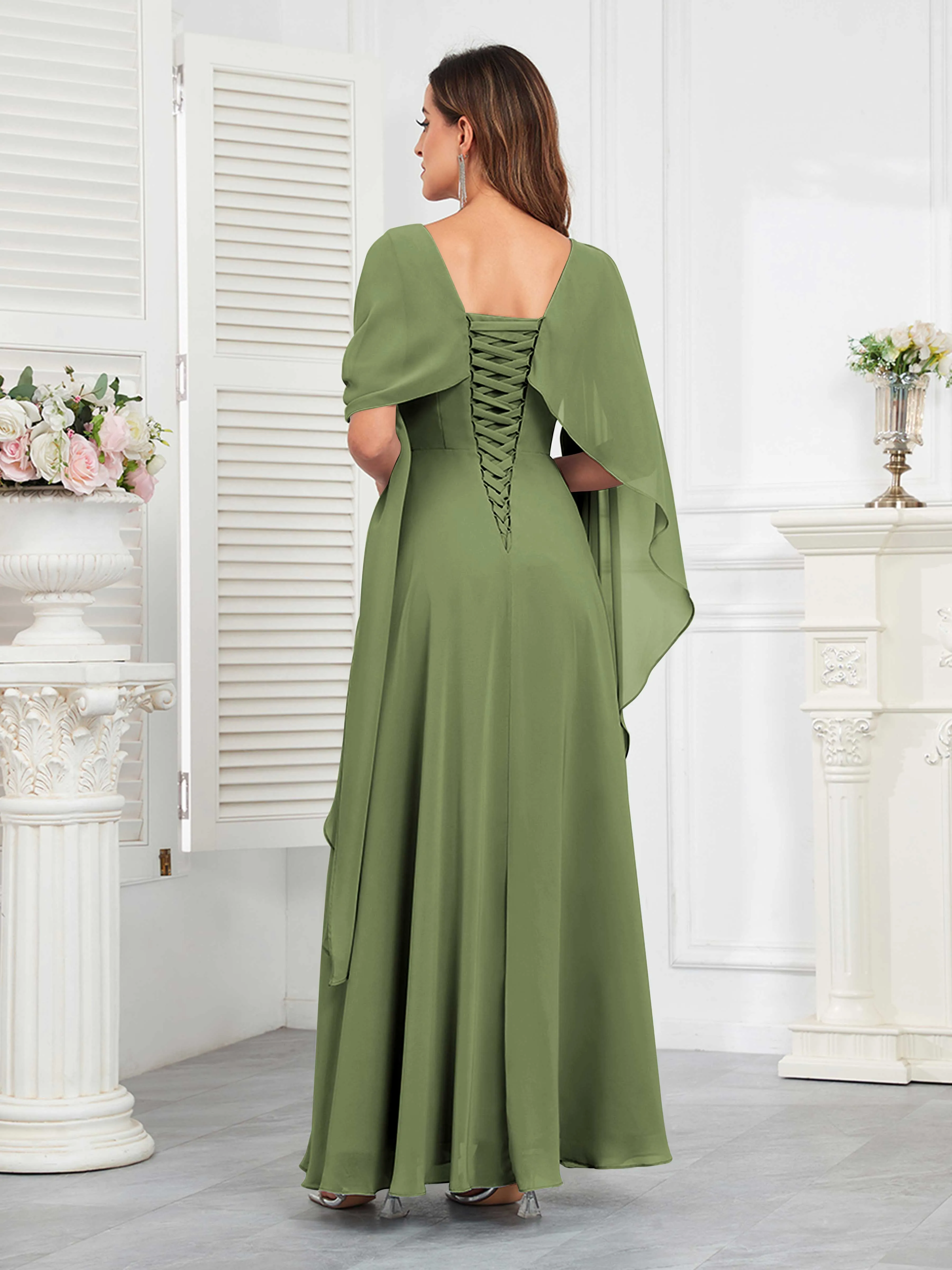 Kennedi Modest A-Line Scoop Cape Sleeves Long Chiffon Mother of the Bride & Groom Dresses