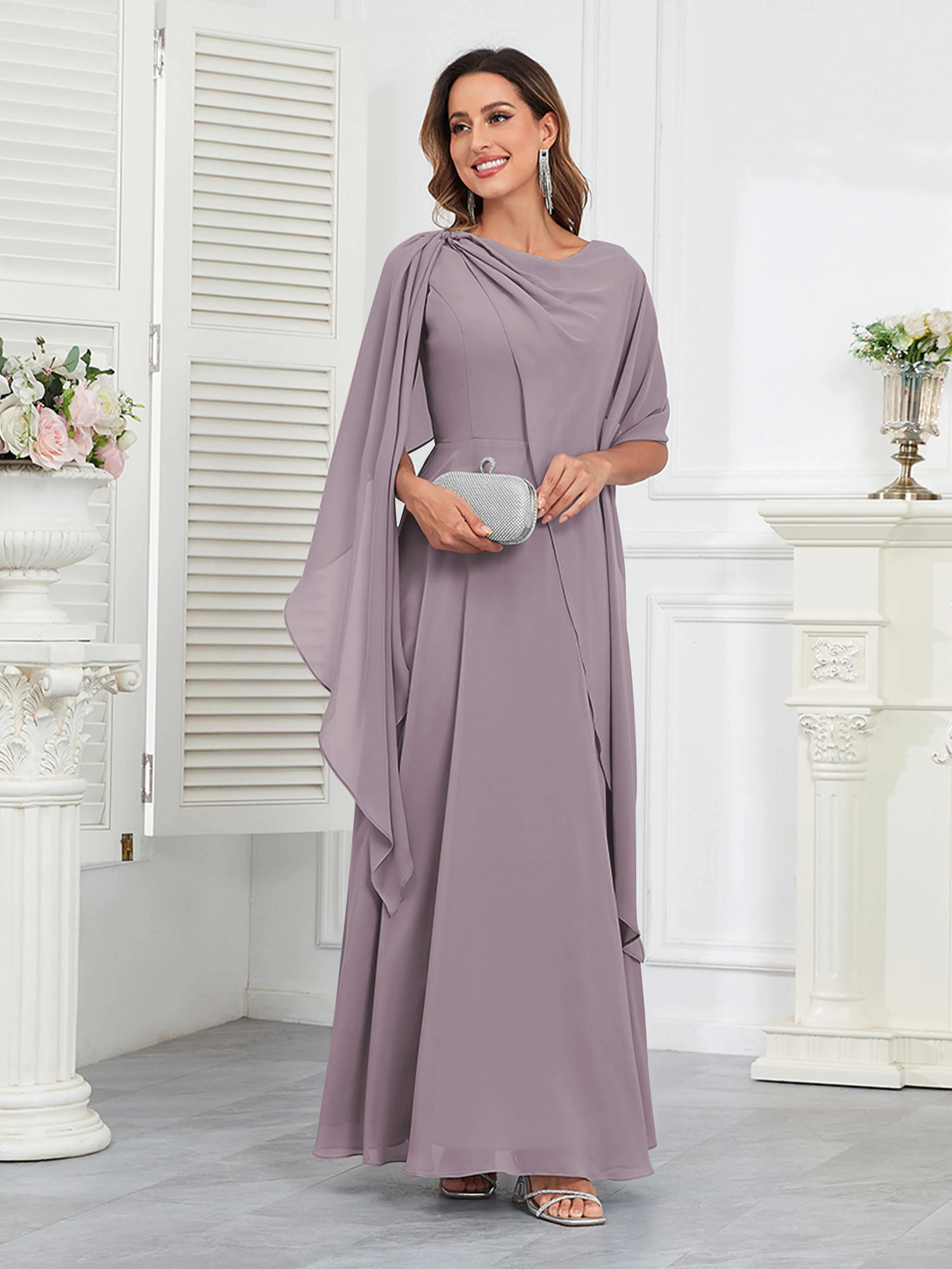 Kennedi Modest A-Line Scoop Cape Sleeves Long Chiffon Mother of the Bride & Groom Dresses