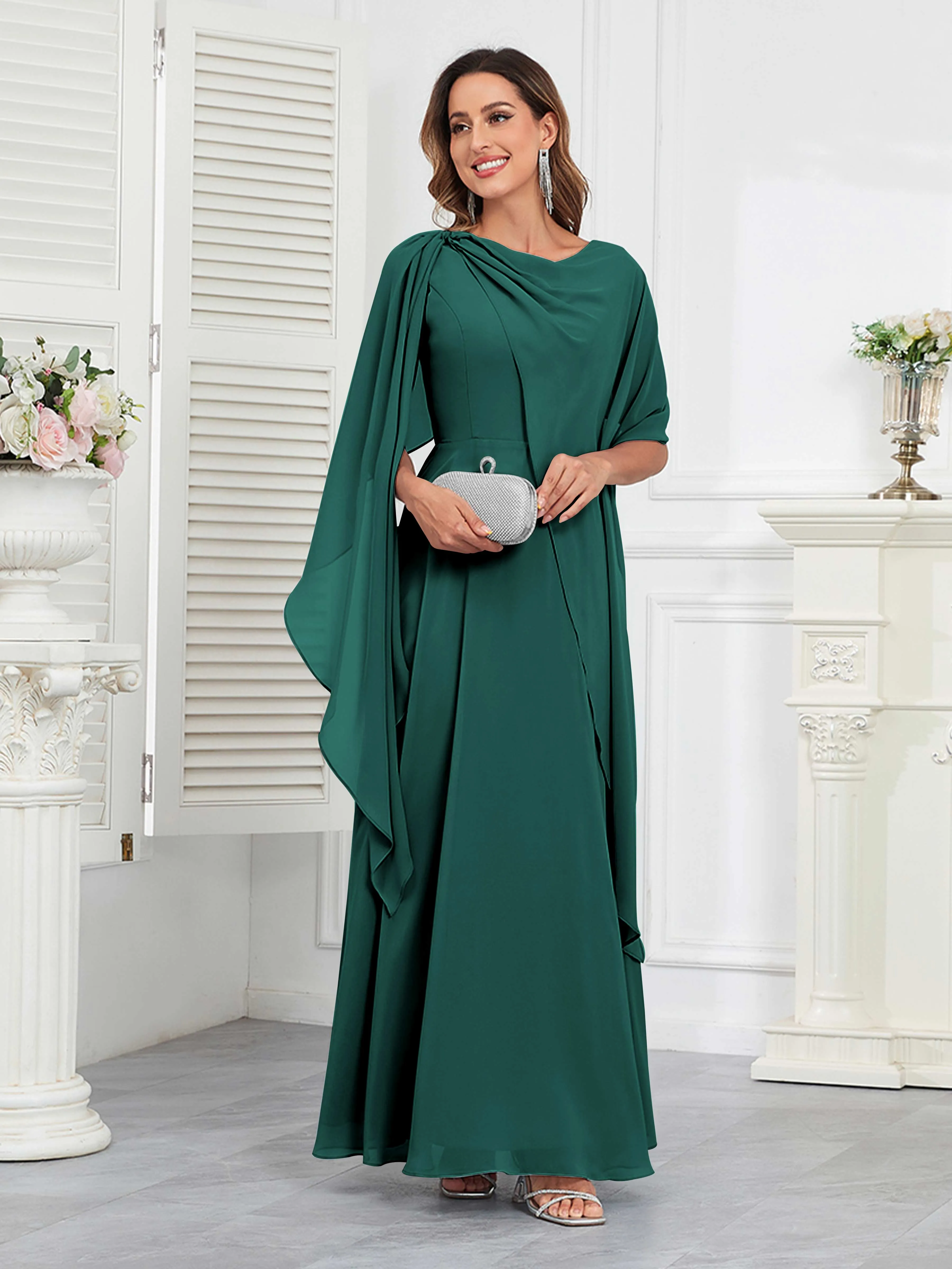 Kennedi Modest A-Line Scoop Cape Sleeves Long Chiffon Mother of the Bride & Groom Dresses