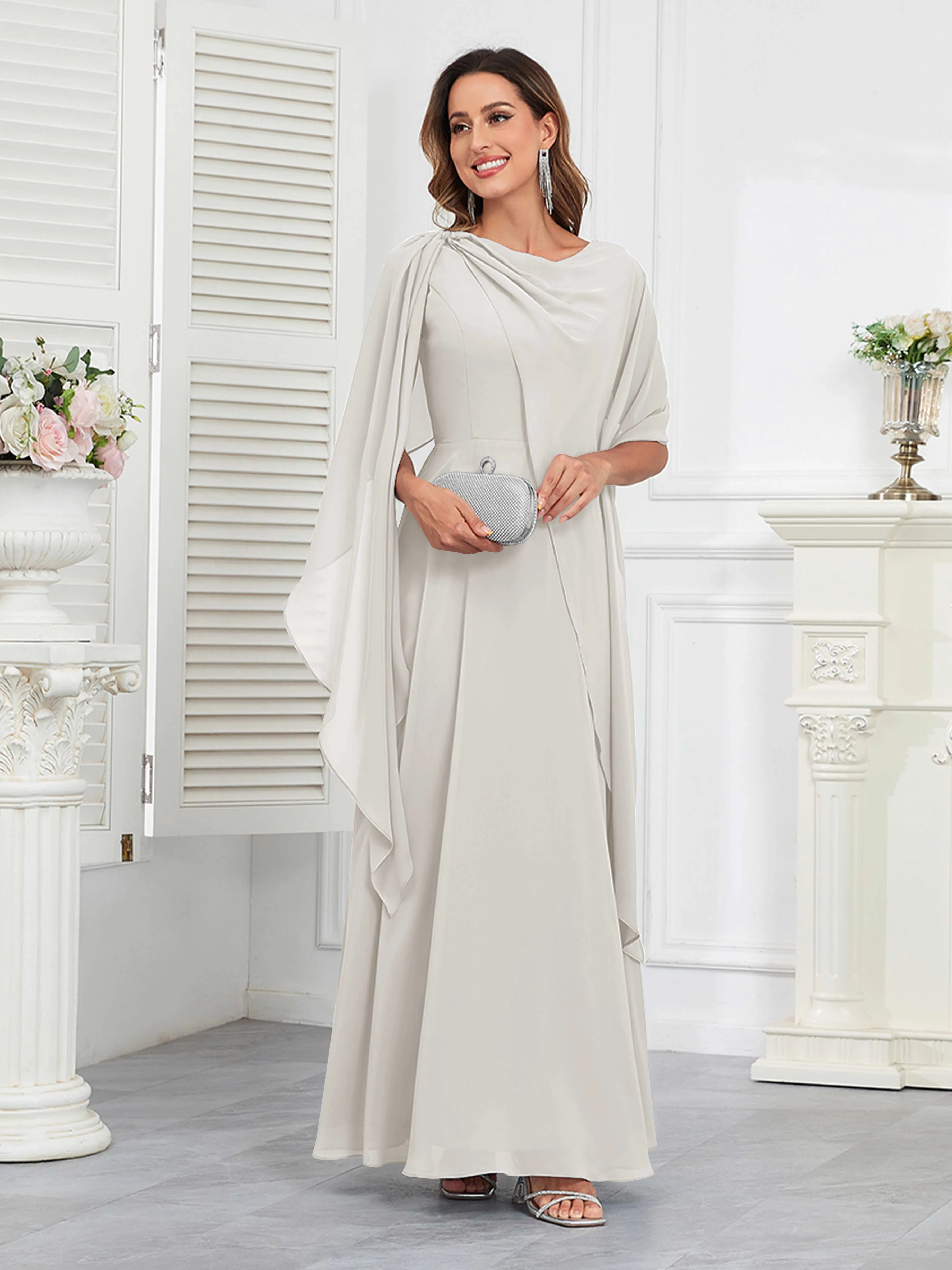 Kennedi Modest A-Line Scoop Cape Sleeves Long Chiffon Mother of the Bride & Groom Dresses