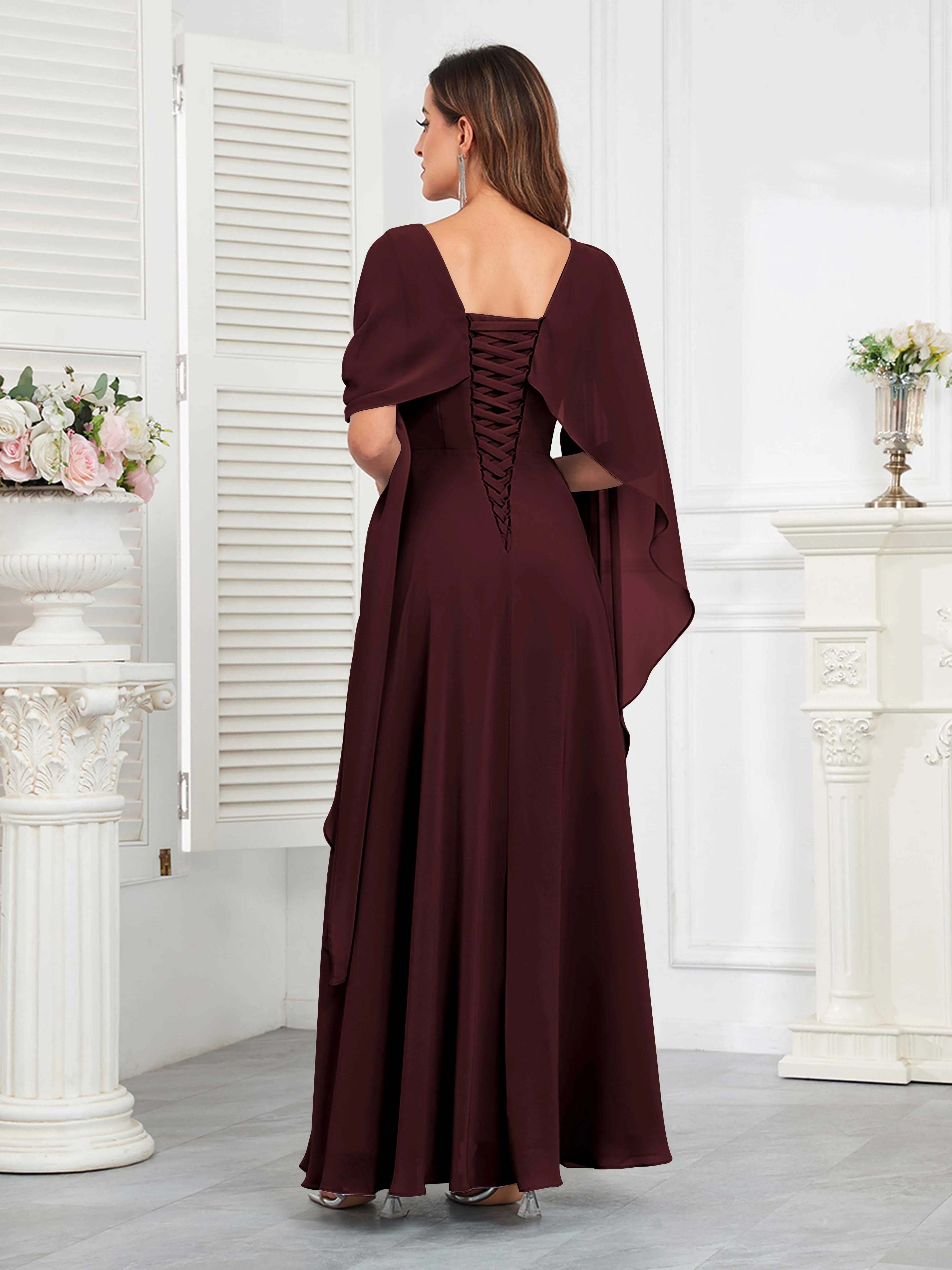 Kennedi Modest A-Line Scoop Cape Sleeves Long Chiffon Mother of the Bride & Groom Dresses