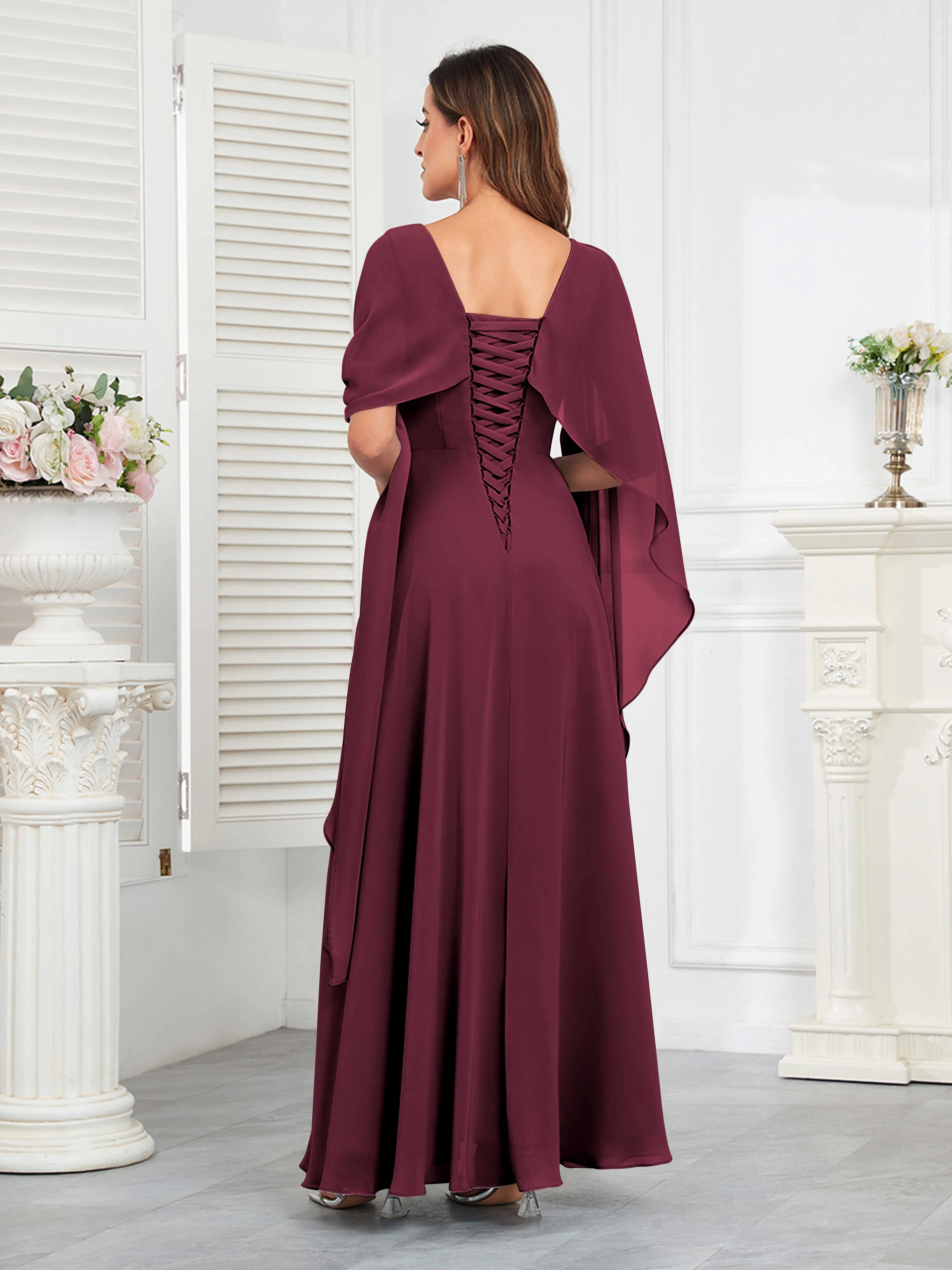 Kennedi Modest A-Line Scoop Cape Sleeves Long Chiffon Mother of the Bride & Groom Dresses