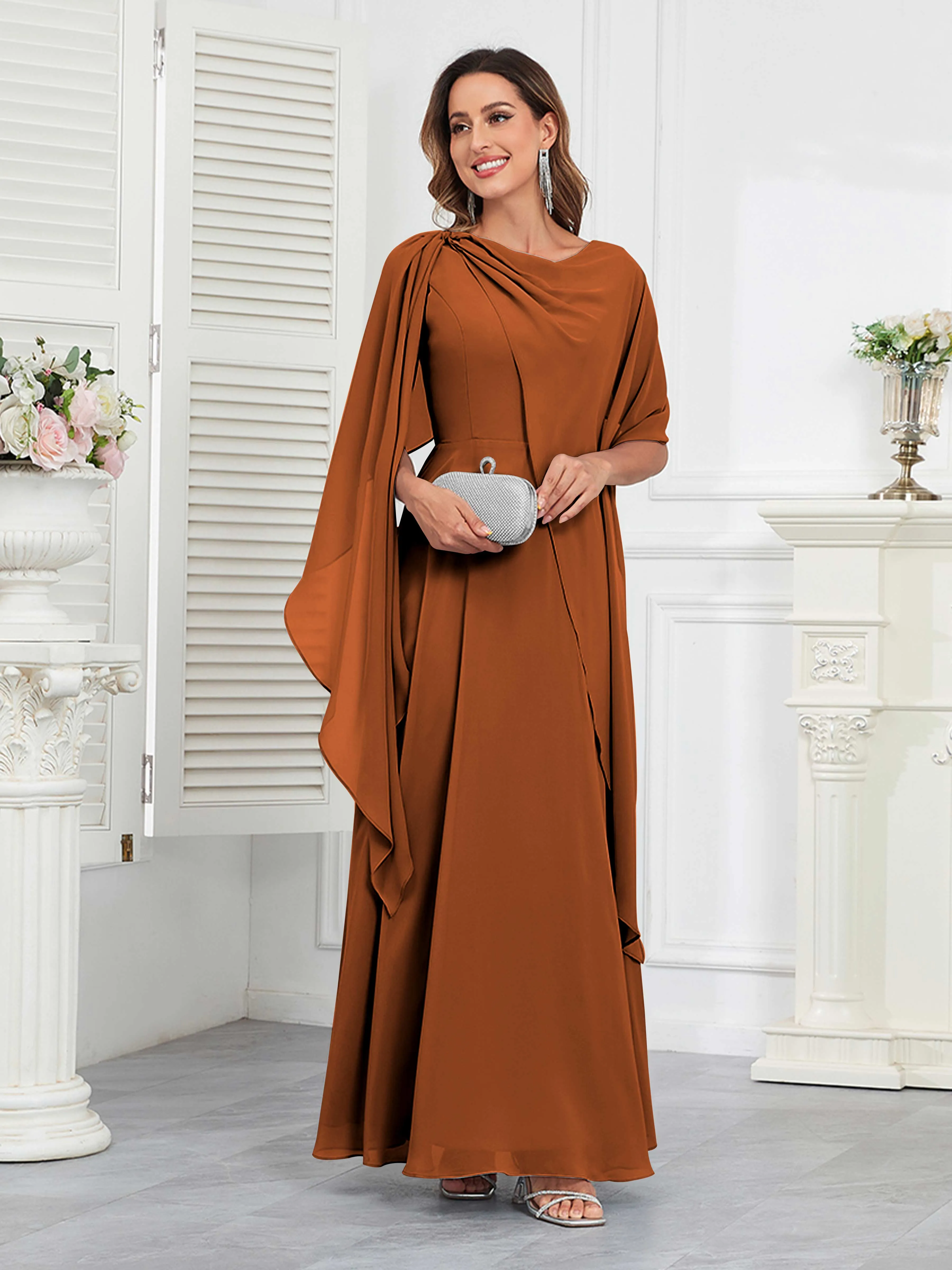 Kennedi Modest A-Line Scoop Cape Sleeves Long Chiffon Mother of the Bride & Groom Dresses