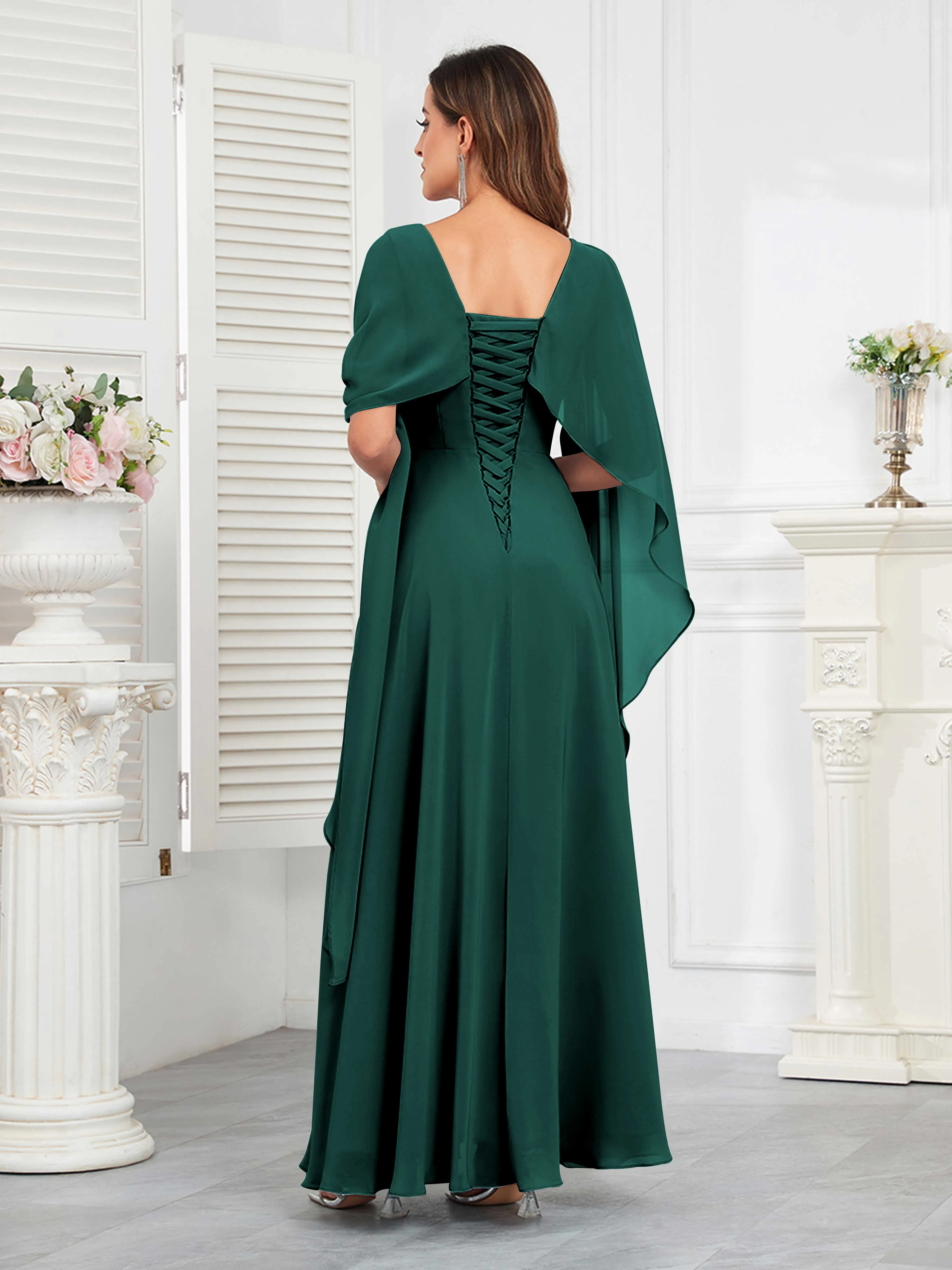 Kennedi Modest A-Line Scoop Cape Sleeves Long Chiffon Mother of the Bride & Groom Dresses