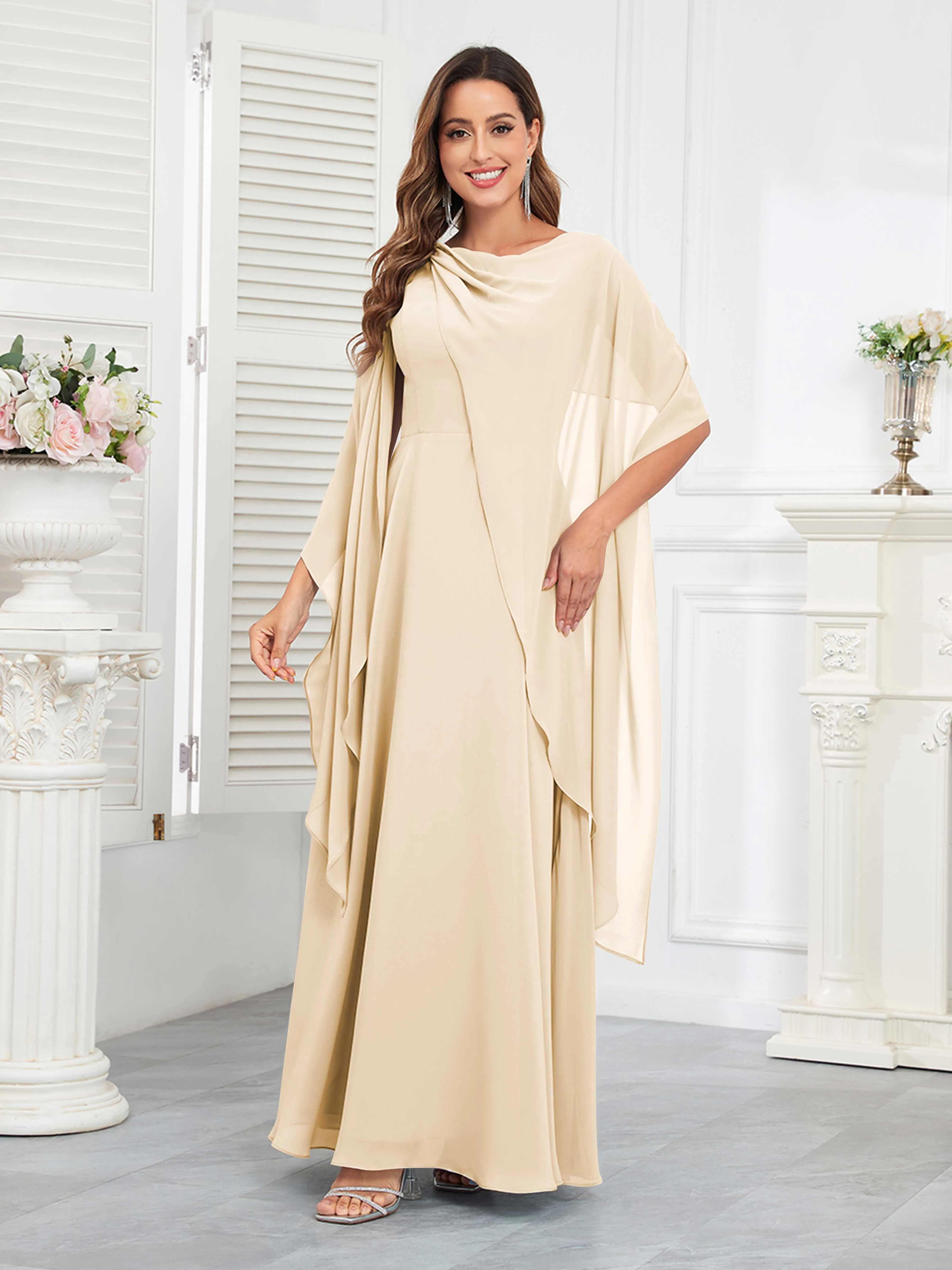 Kennedi Modest A-Line Scoop Cape Sleeves Long Chiffon Mother of the Bride & Groom Dresses