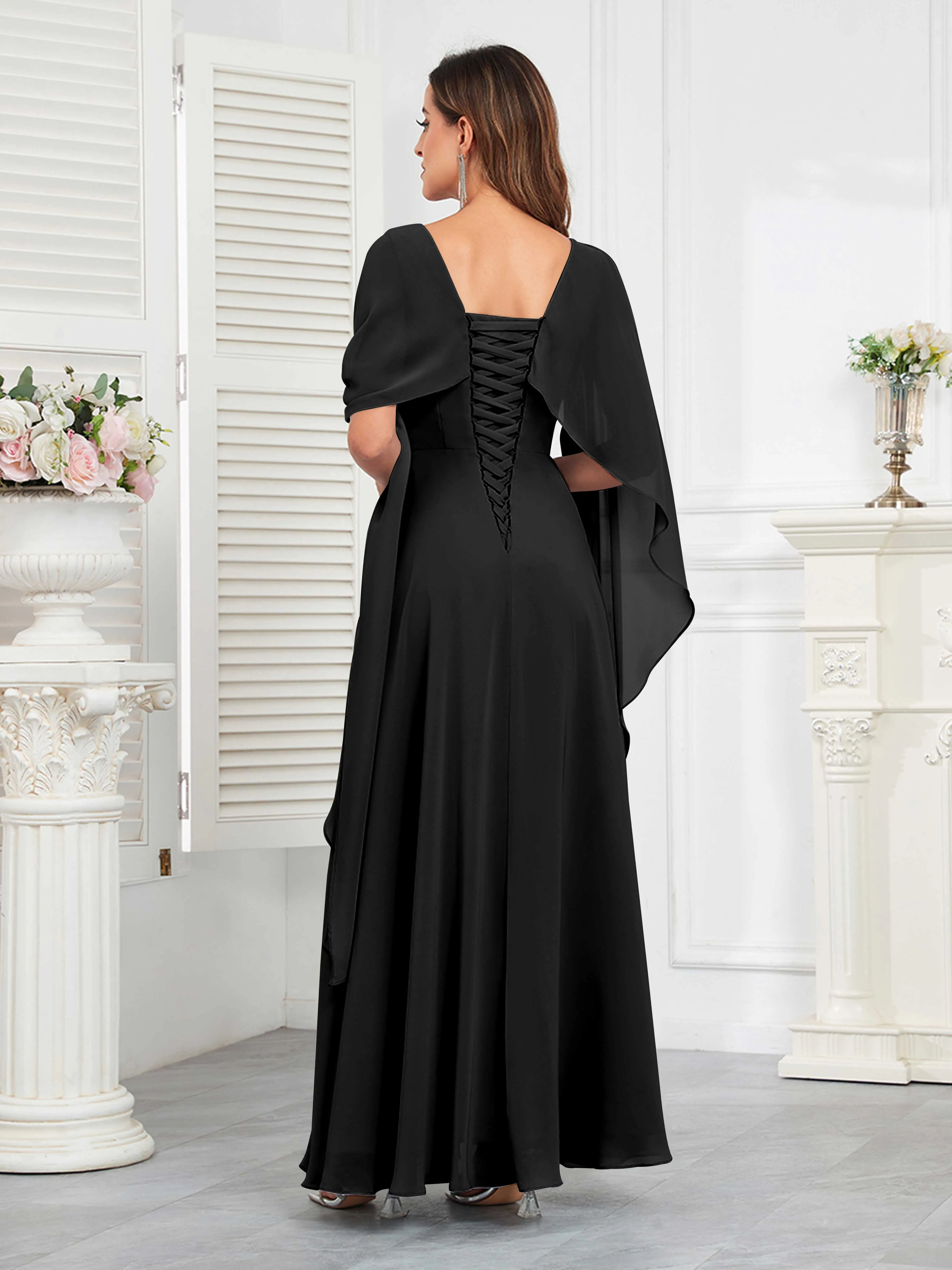 Kennedi Modest A-Line Scoop Cape Sleeves Long Chiffon Mother of the Bride & Groom Dresses