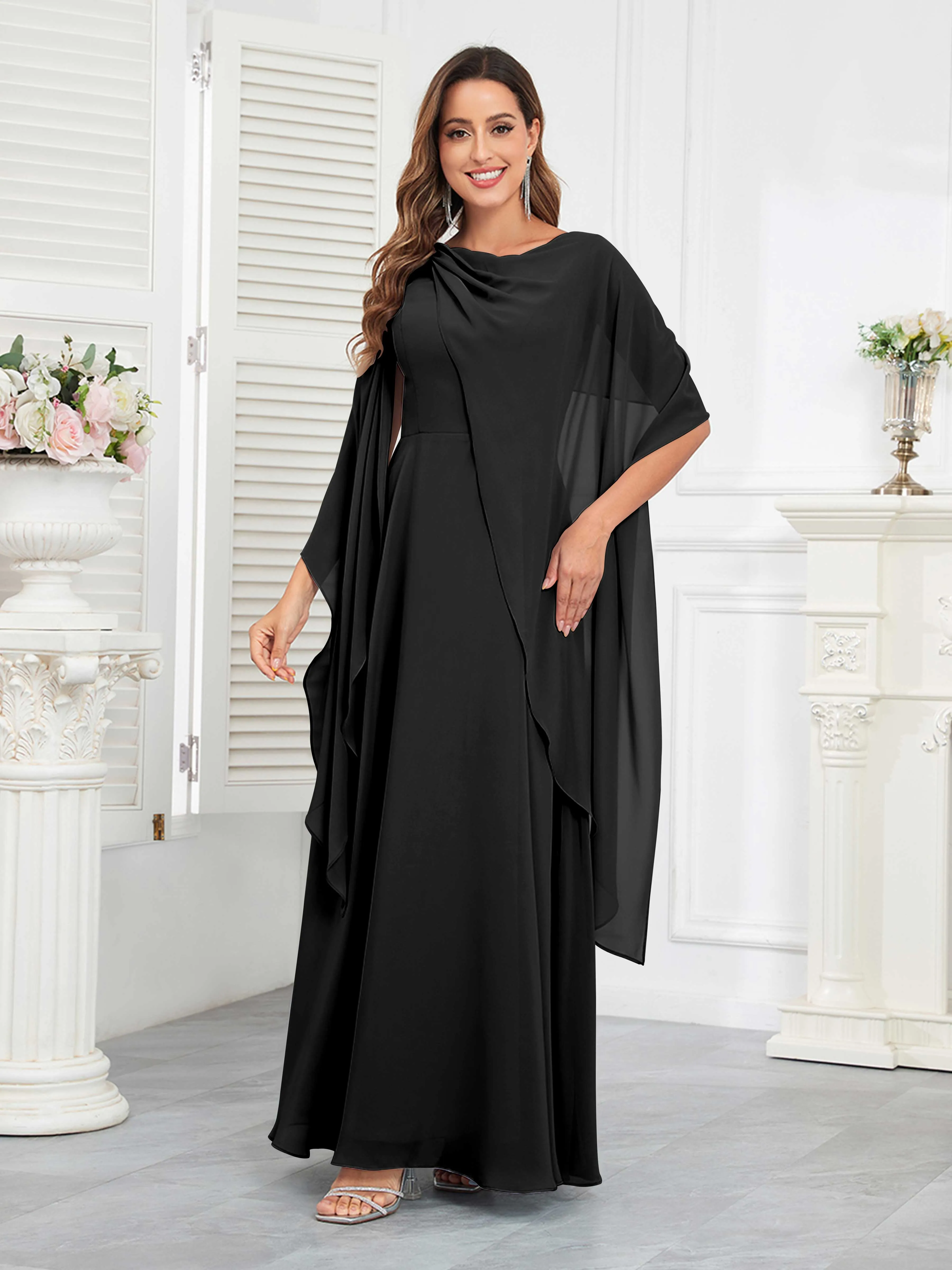 Kennedi Modest A-Line Scoop Cape Sleeves Long Chiffon Mother of the Bride & Groom Dresses