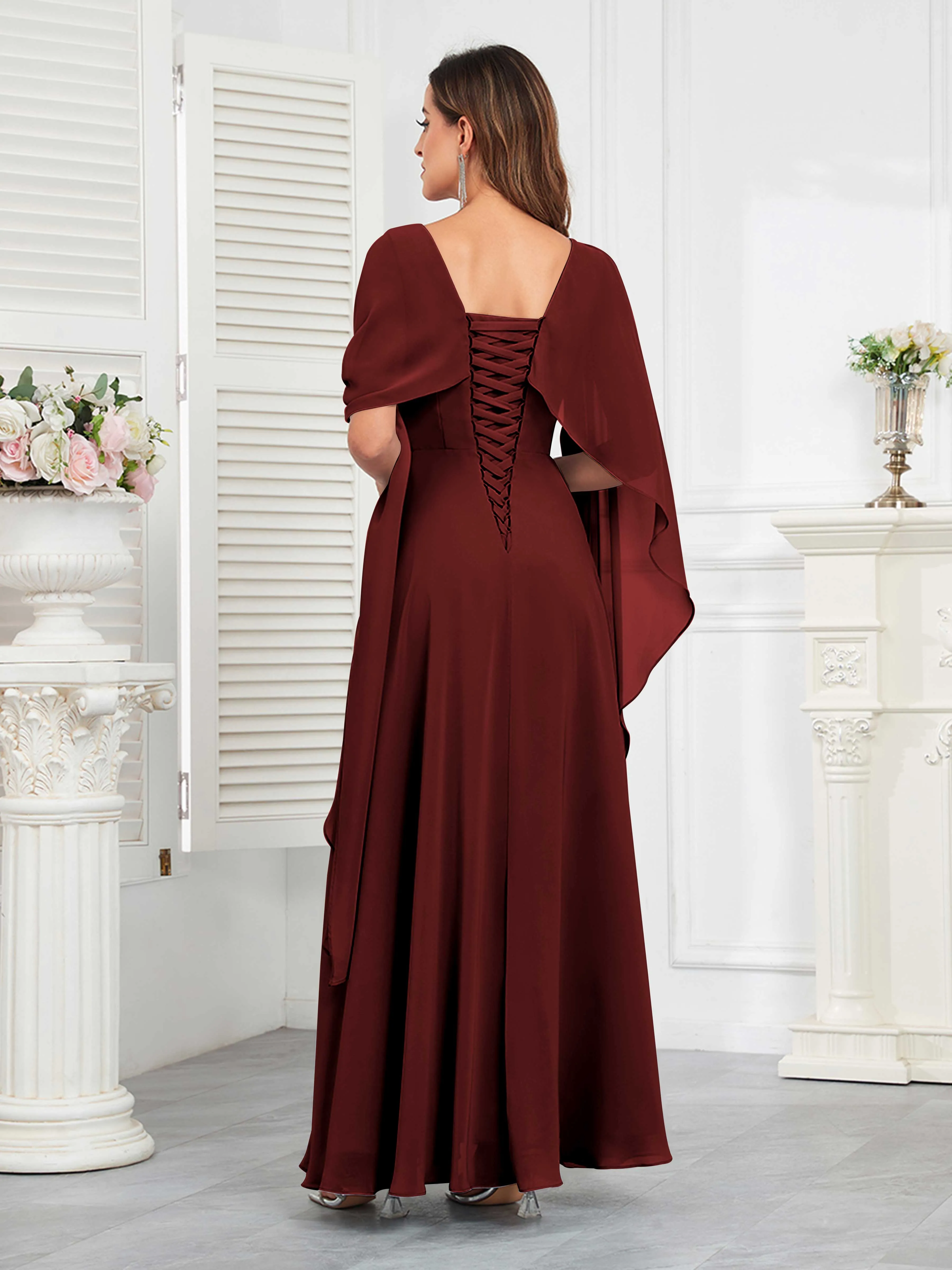 Kennedi Modest A-Line Scoop Cape Sleeves Long Chiffon Mother of the Bride & Groom Dresses