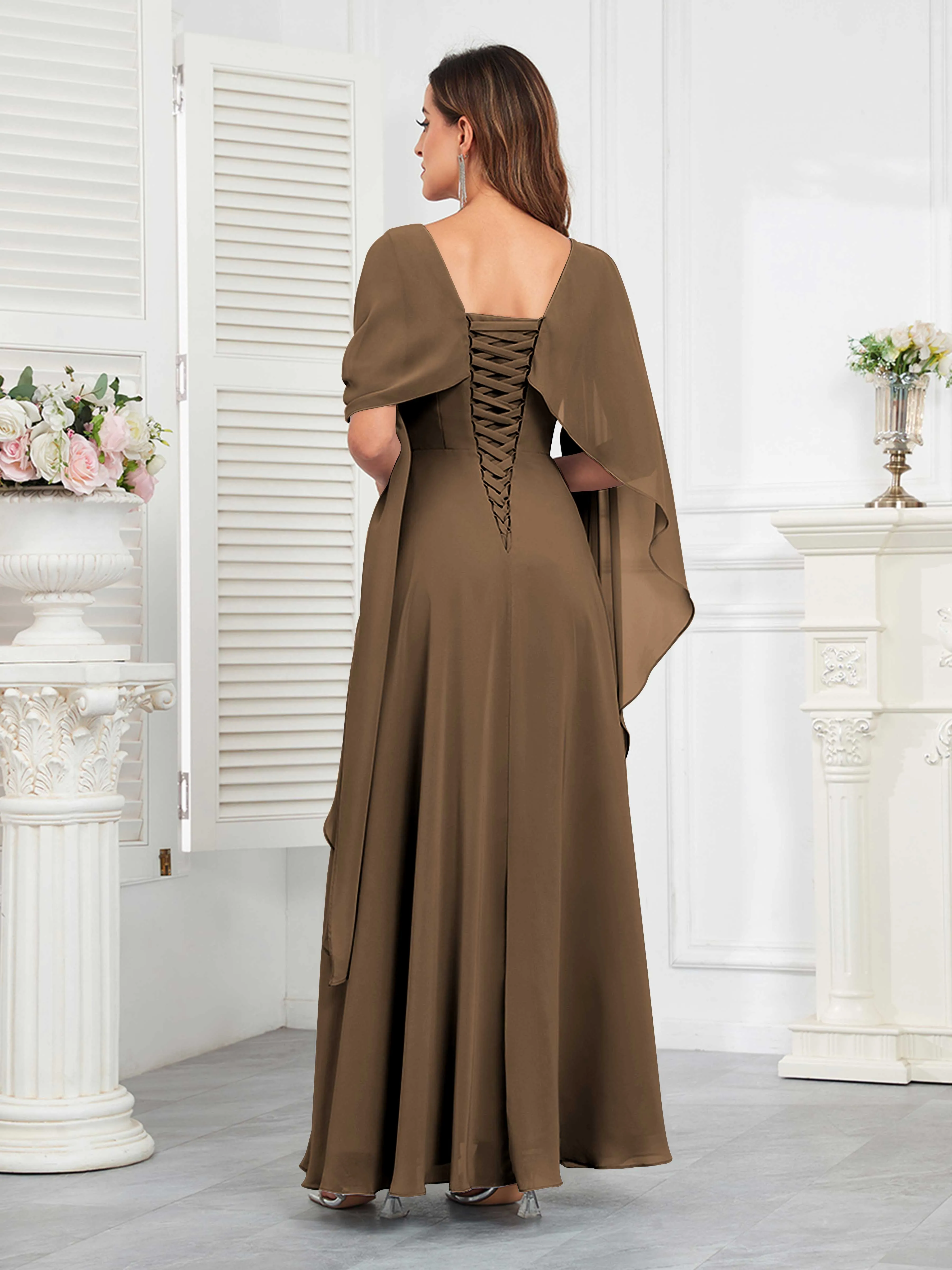 Kennedi Modest A-Line Scoop Cape Sleeves Long Chiffon Mother of the Bride & Groom Dresses