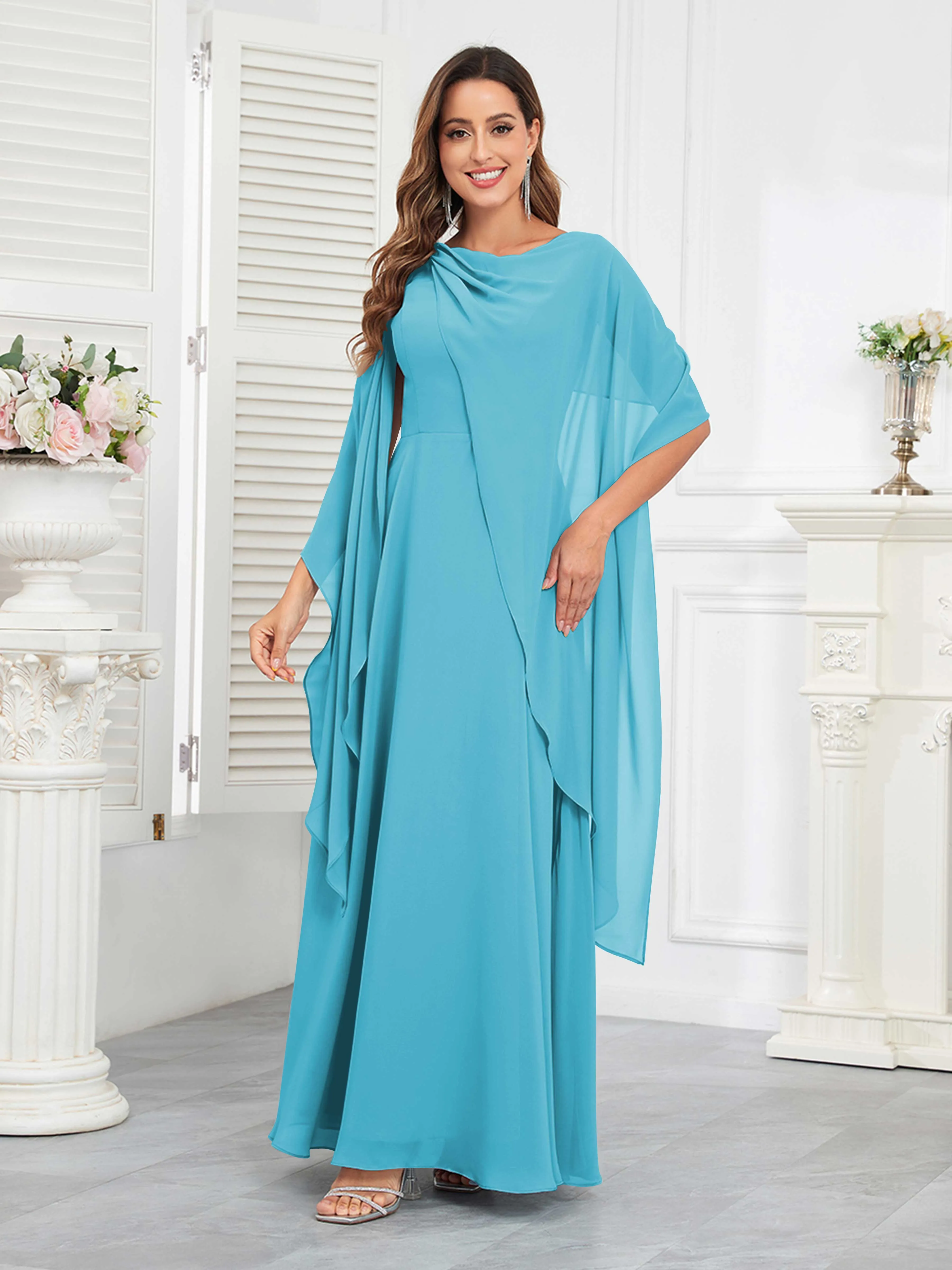 Kennedi Modest A-Line Scoop Cape Sleeves Long Chiffon Mother of the Bride & Groom Dresses