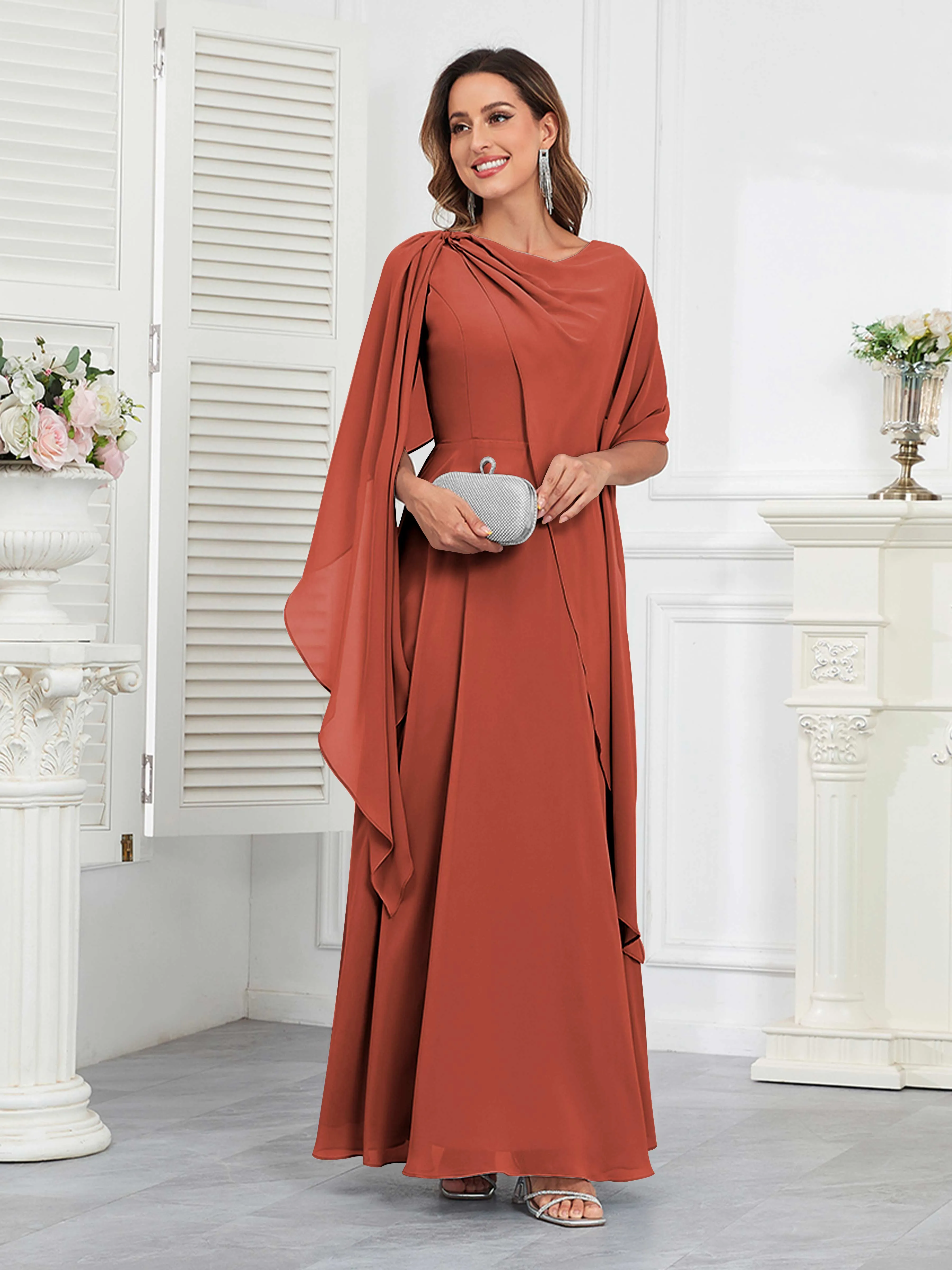 Kennedi Modest A-Line Scoop Cape Sleeves Long Chiffon Mother of the Bride & Groom Dresses