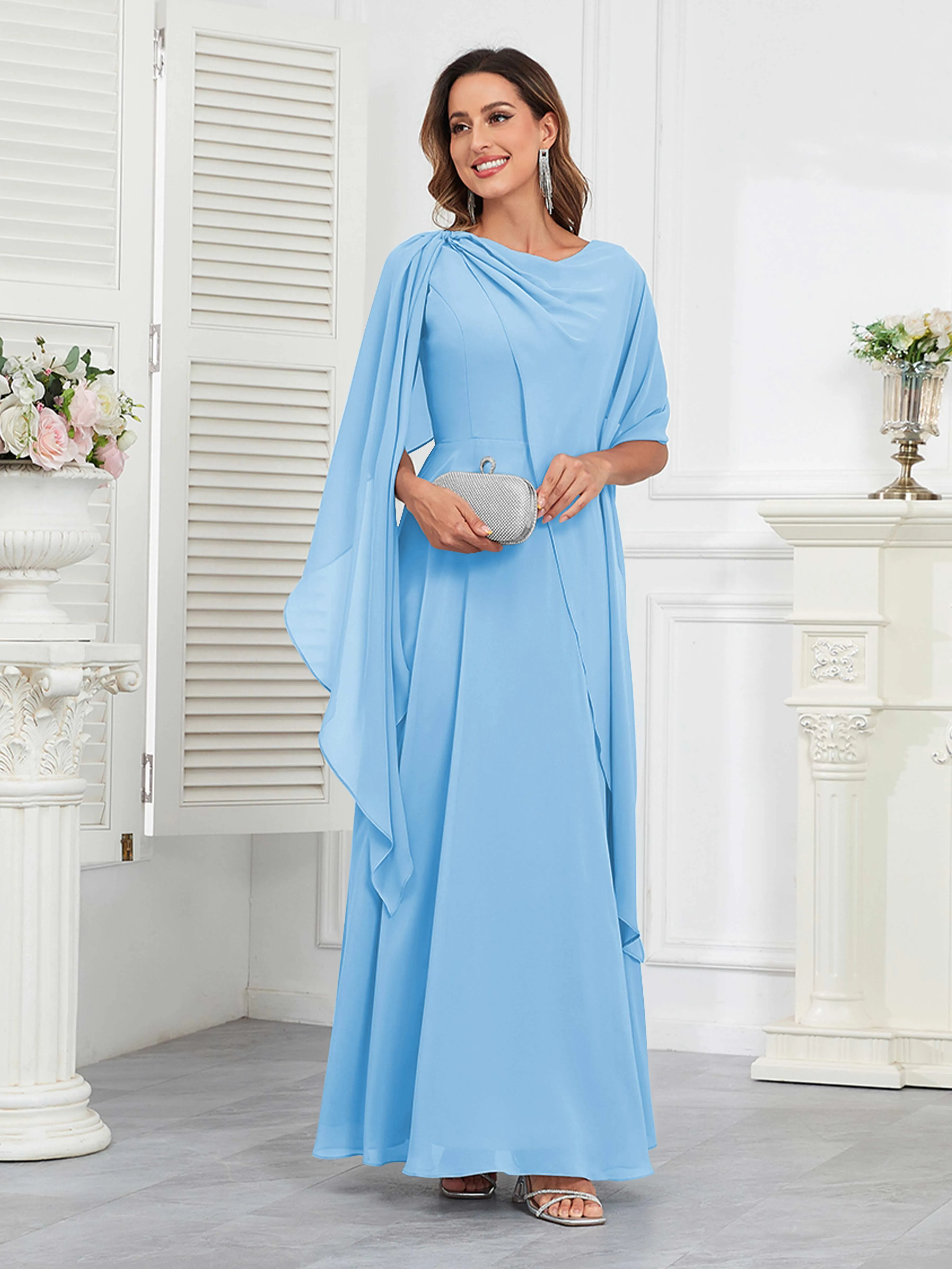 Kennedi Modest A-Line Scoop Cape Sleeves Long Chiffon Mother of the Bride & Groom Dresses